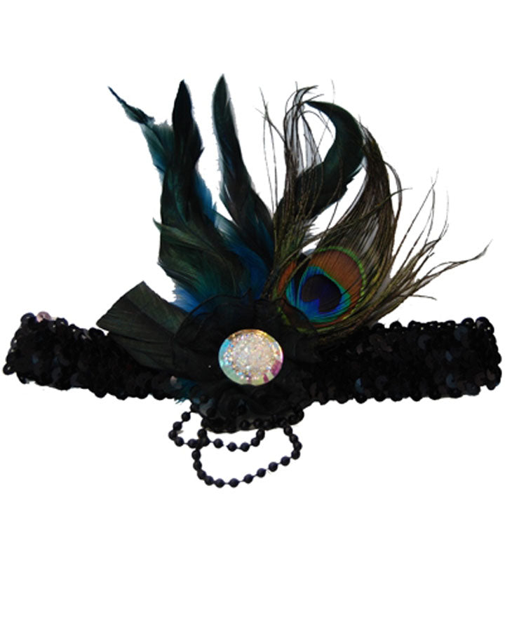 Vintage 1920s Black Flapper Headband with Peacock Feather - Roaring 20s Gatsby Party Accessory for Women's Costume & Halloween Dress Up