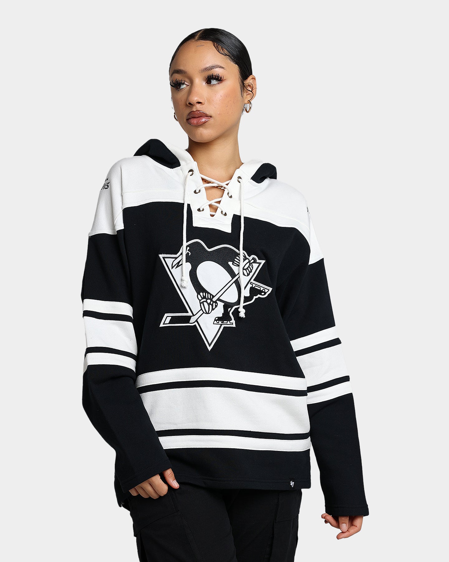 47 Brand Pittsburgh Penguins Superior Lacer Hoodie - Men's NHL Hockey Pullover Sweatshirt (Jet Black) - Perfect for Game Day, Tailgating & Casual Wear