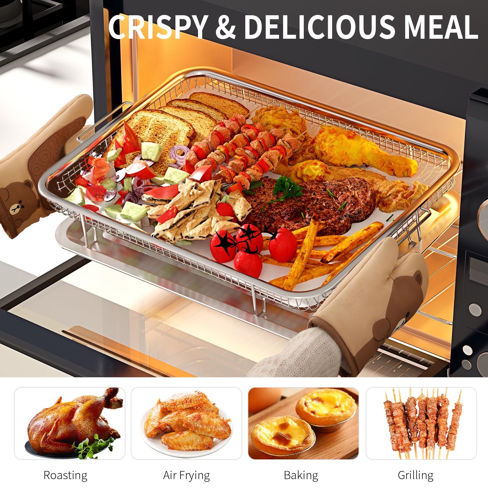 OPENICE 15.6 x 11.6 Inch Large Stainless Steel Air Fryer Basket & Pan Set with 30 PCS Parchment Papers - Oven Safe Baking Tray for Grilling, Roasting & Healthy Cooking - Perfect for Chicken Wings, French Fries & Vegetables