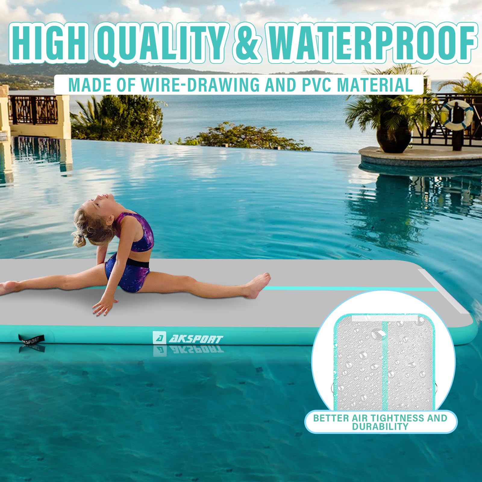 AKSPORT Inflatable Gymnastics Mat Tumble Track 10ft 13ft 16ft 20ft 23ft - Air Tumbling Mat with Pump for Home Gym, Cheerleading, Yoga & Training - Perfect for Kids, Adults & Fitness Enthusiasts