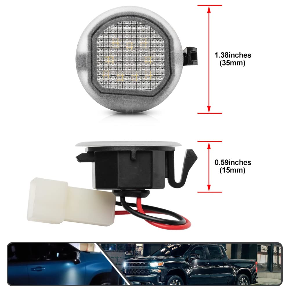 2Pcs White LED Under Side Mirror Puddle Light Lamps for Chevy Silverado GMC Sierra Yukon Escalade - Waterproof Durable Xenon White Lights - Perfect for Night Driving & Enhanced Vehicle Safety