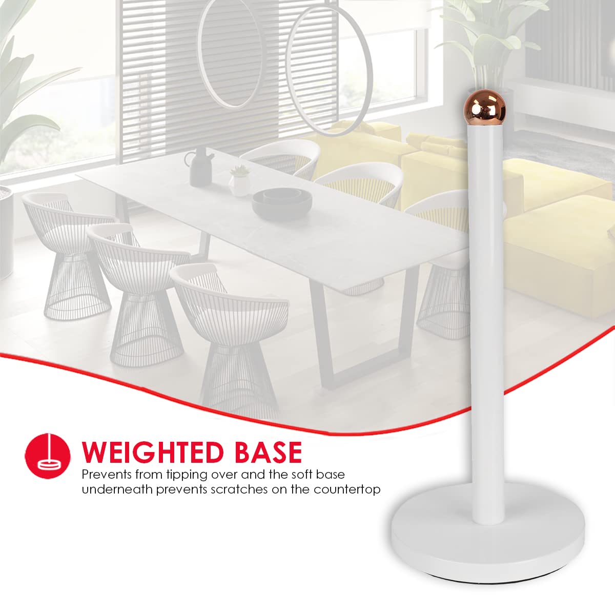 Home Basics Grove Free Standing Paper Towel Holder with Weighted Padded Base - White 13.5 Inch | Sturdy Kitchen Counter Organizer for Easy Access to Paper Towels