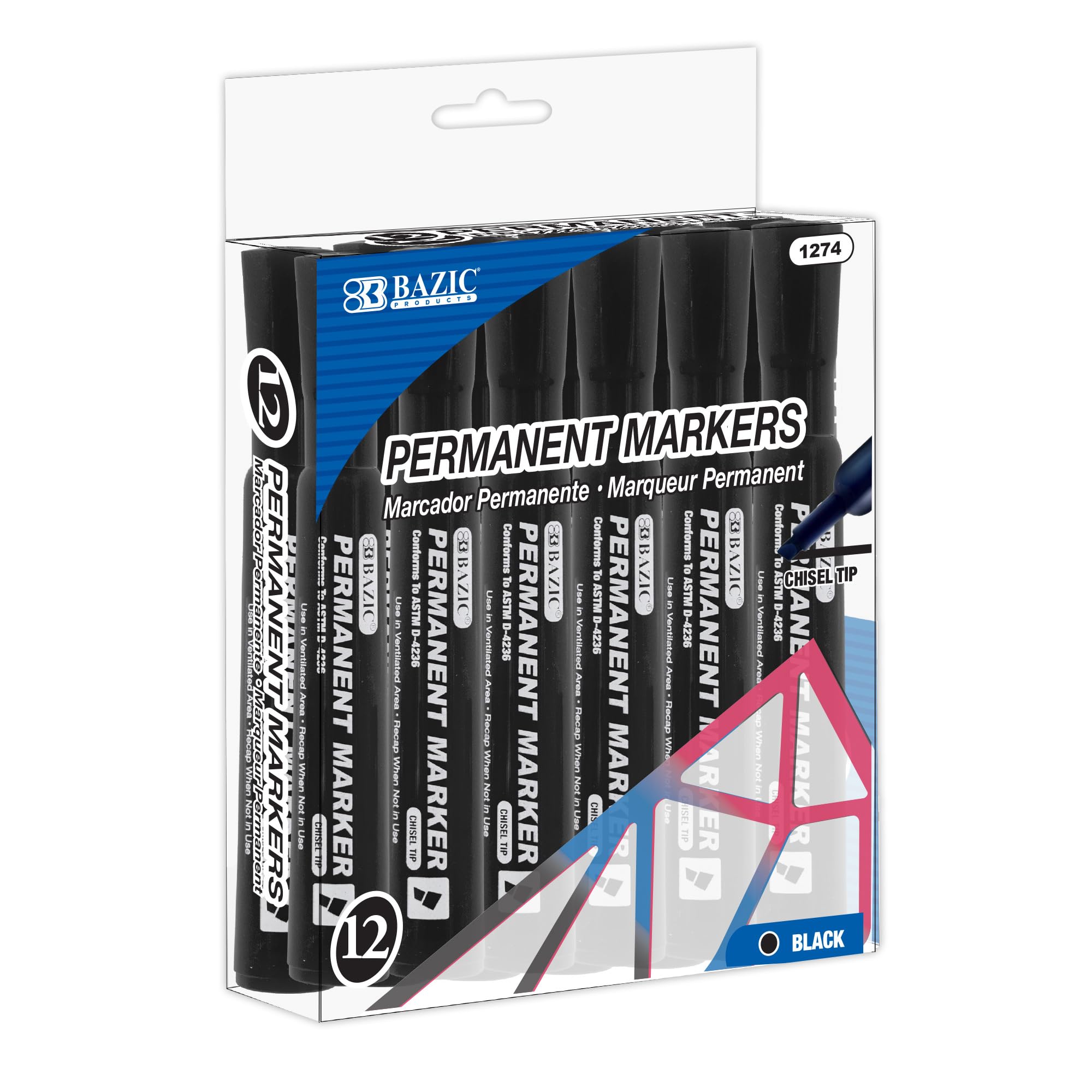 BAZIC Permanent Marker Chisel Tip - 12 Pack Black Markers for Writing on Plastic, Wood, Metal, Glass & Stone - Ideal for Office, Art, DIY Projects & Home Labeling (72-Pack Bulk Set)