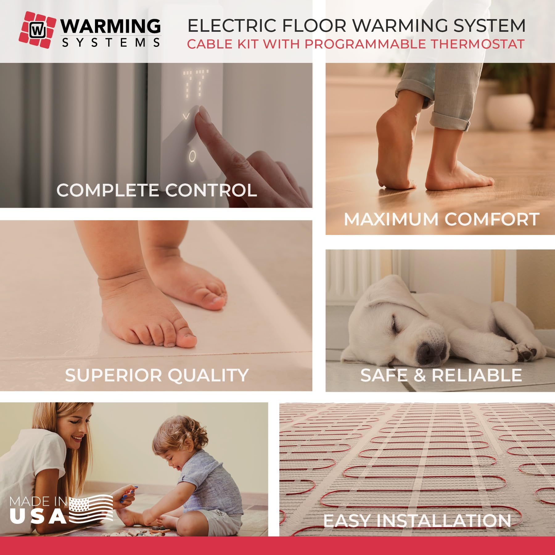 15 Sqft Electric Radiant Floor Heating System Kit with Digital Thermostat - Includes Floor Sensor, Installation Monitor & Cable Guides for Home, Bathroom & Basement Floor Warming