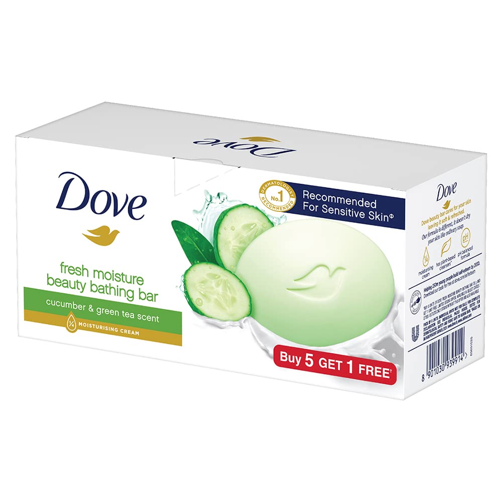 Dove Fresh Beauty Bar Soap with Cucumber & Green Tea - 6 Pack (75g Each) for Hydrated, Glowing Skin - Gentle Cleansing for Face & Body - Perfect for Daily Shower & Travel