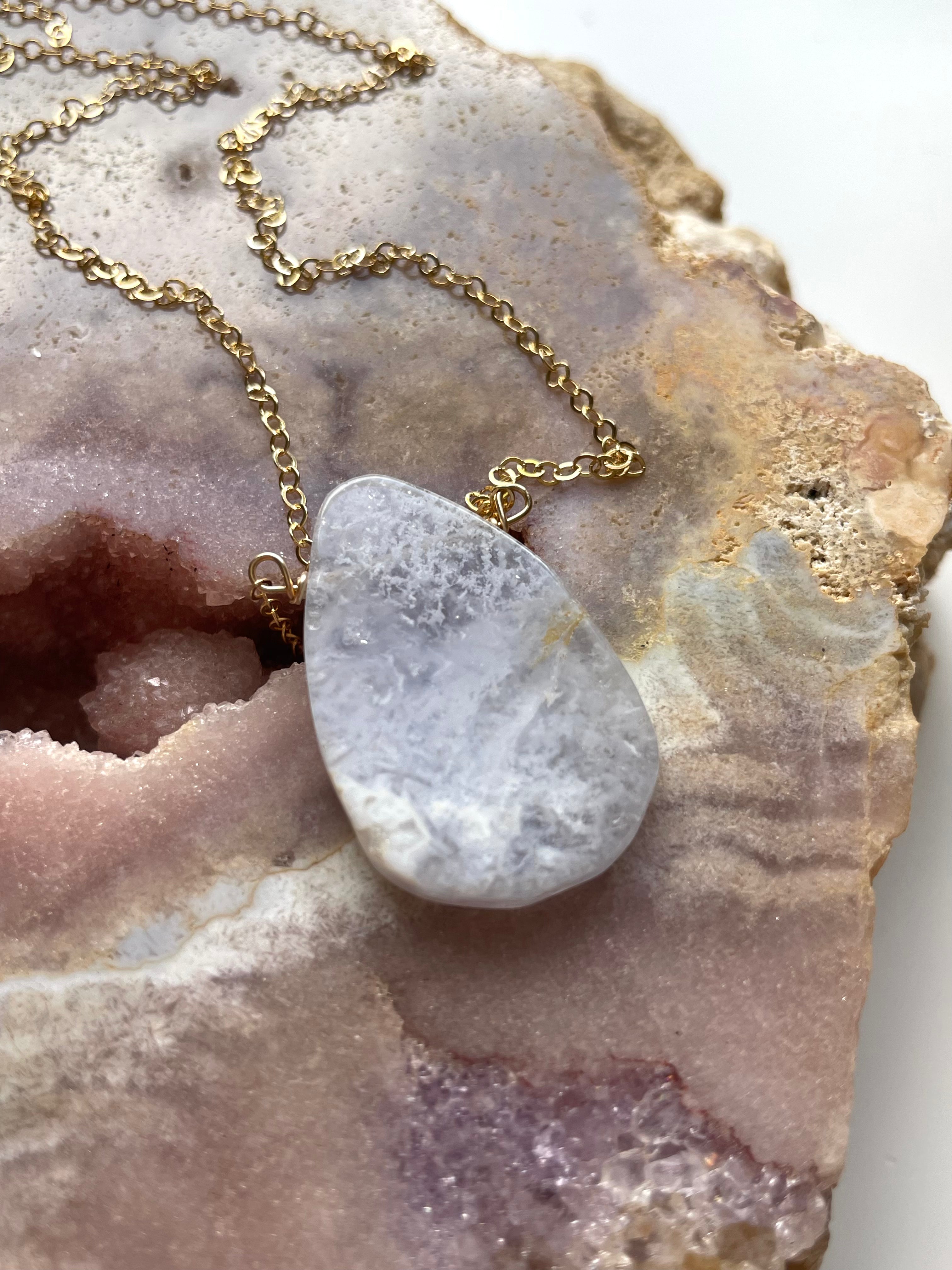 Blue Lace Agate Pendant Necklace - Natural Stone Jewelry for Women - Healing Crystal Gift for Meditation & Spiritual Protection