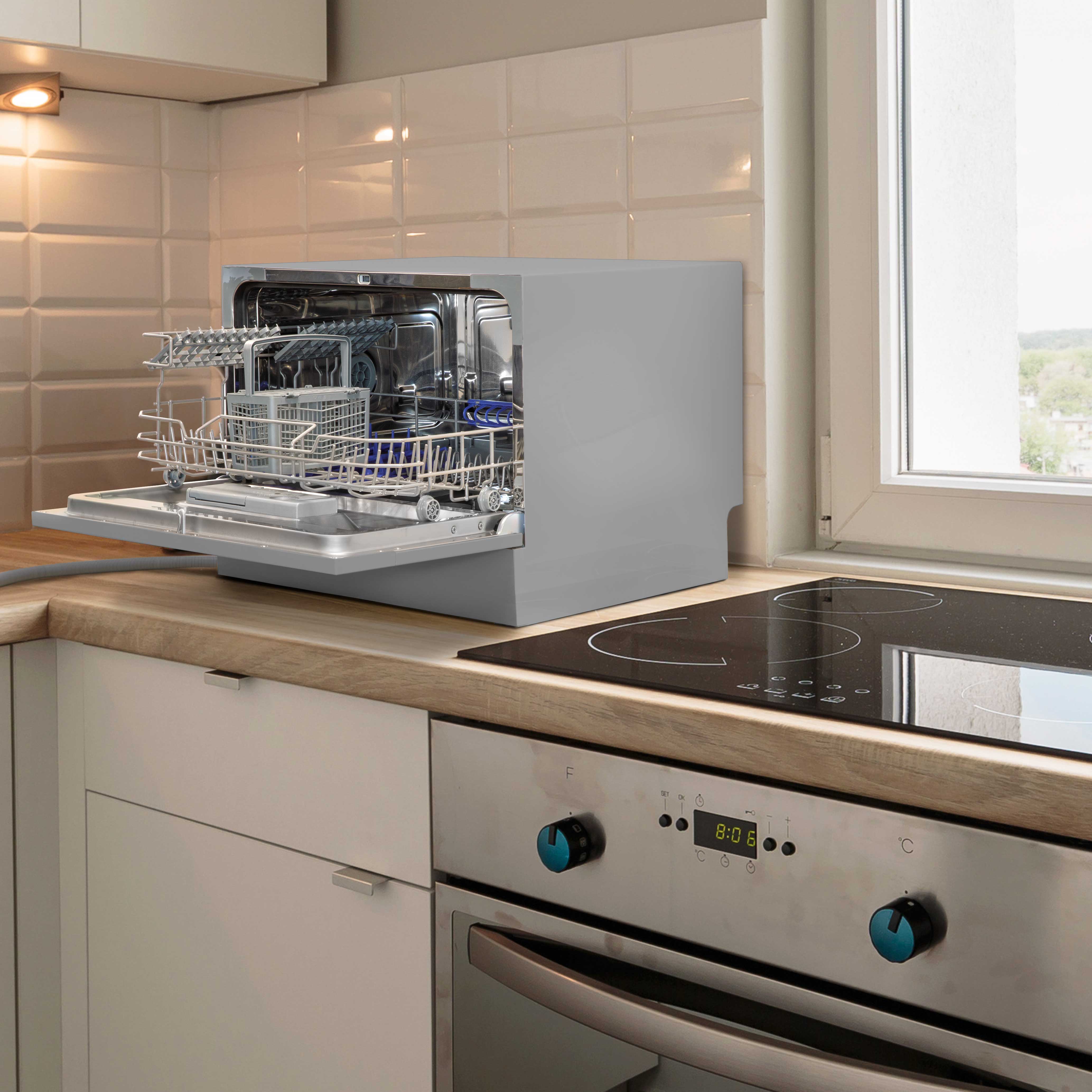 Baridi Compact Tabletop Dishwasher - 6 Place Settings, 6 Wash Programs, Ultra Quiet (42dB), 6.5L Capacity in Sleek Silver (Model DH84) | Perfect for Small Kitchens, Apartments, RVs & Dorm Rooms