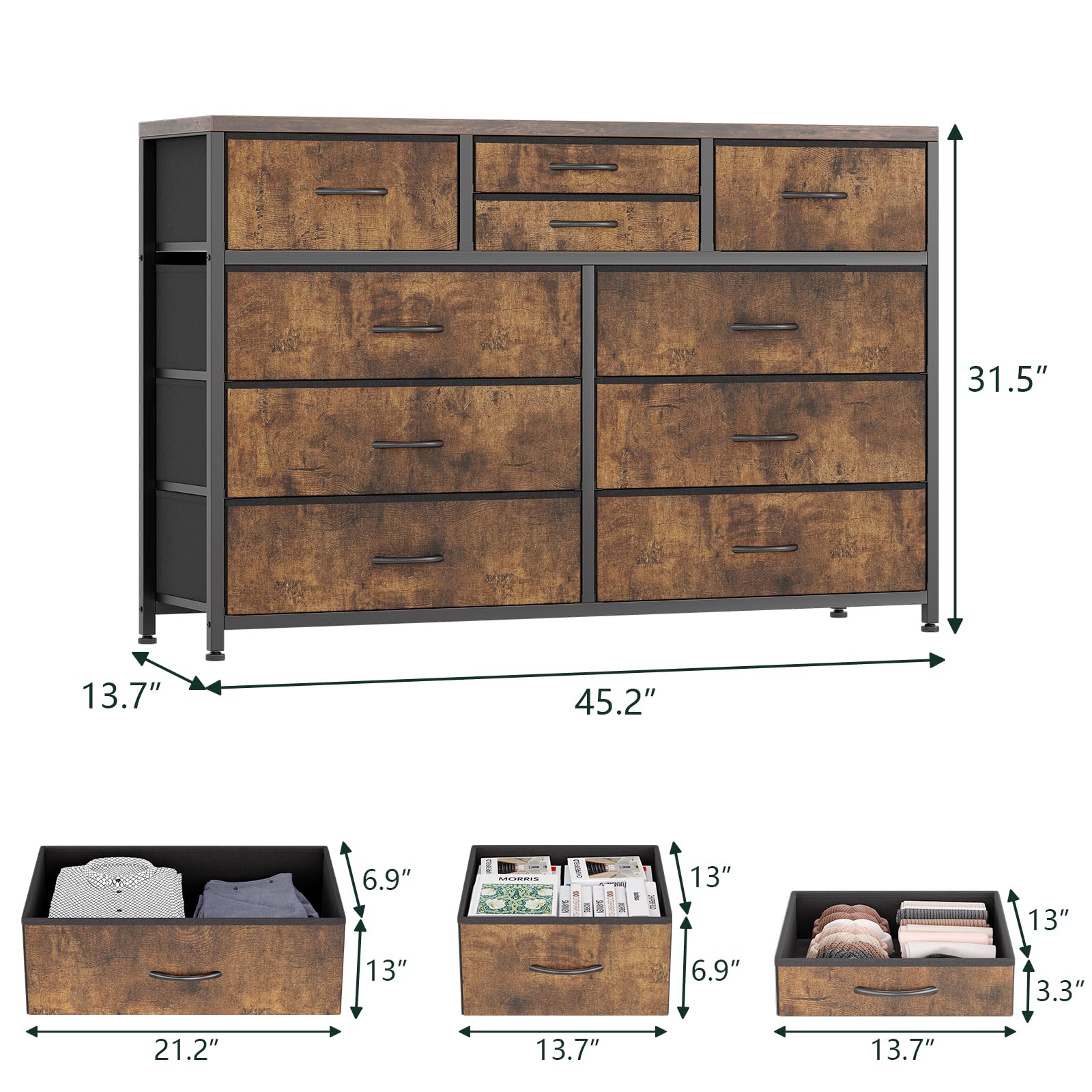 Jojoka 10-Drawer Wide Dresser with Steel Frame & Wood Top - Rustic TV Stand Entertainment Center, Fabric Storage Cabinet for Bedroom, Hallway, Nursery & Closet Organization | Perfect for Small Space Living & Home Decor