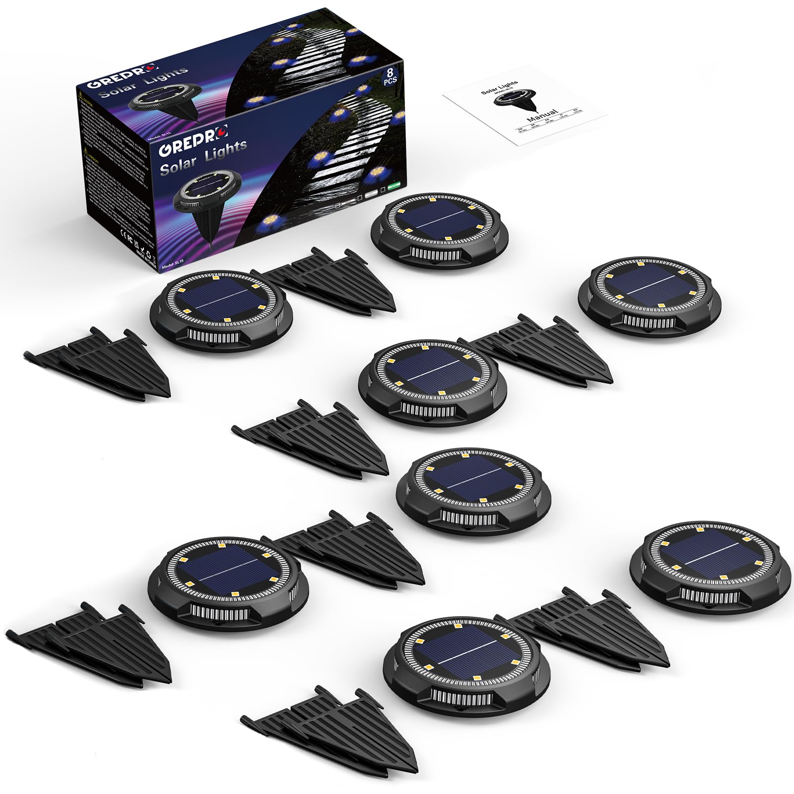 12 Pack GREPRO Solar Ground Lights - 10 LED Waterproof Outdoor Garden Lights with Warm White Light, IP65 Solar Powered for Lawn, Driveway, Walkway, Patio (Black) | Perfect for Landscape Lighting, Pathway Illumination & Backyard Decoration