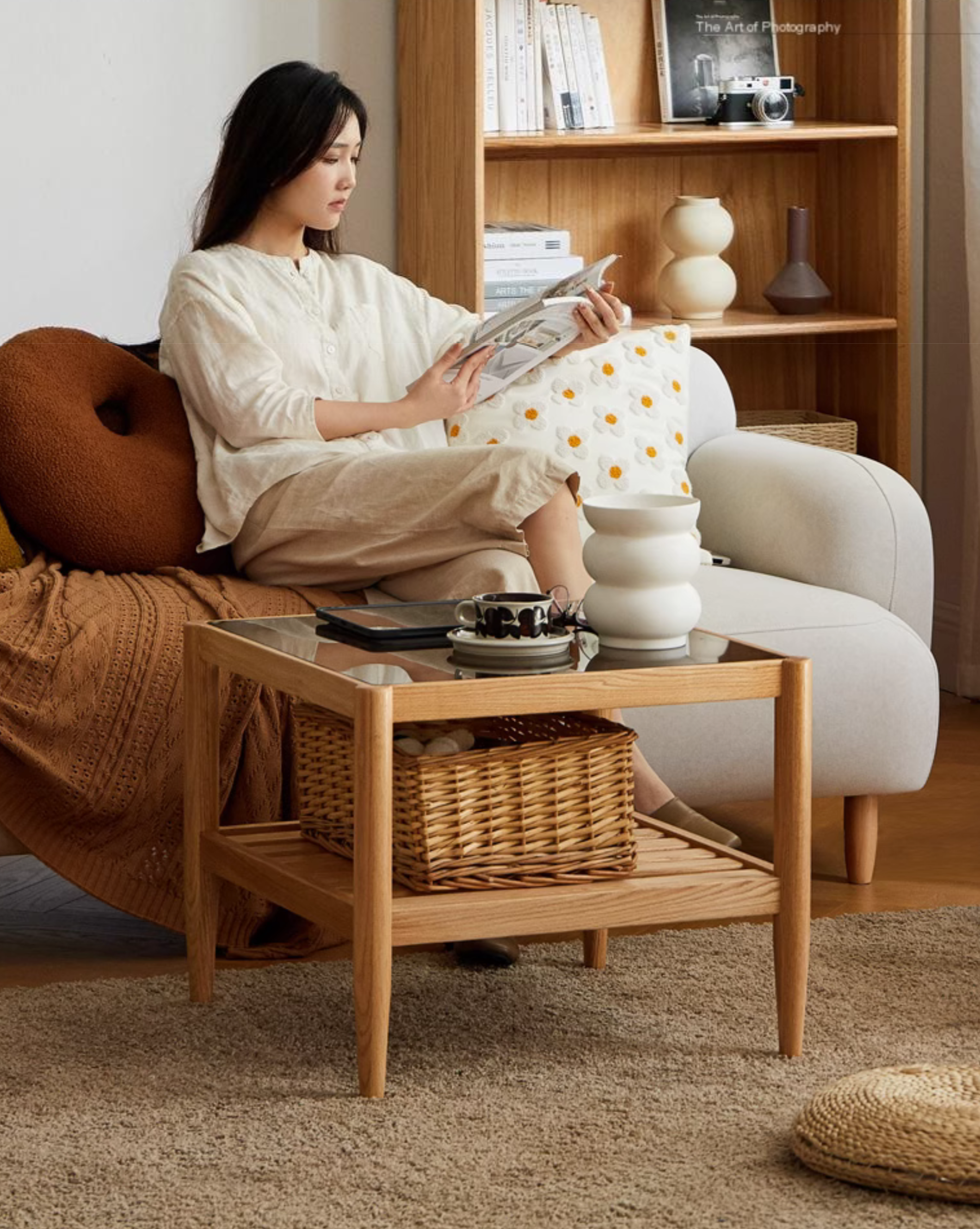 Modern Oak Solid Wood Nordic Glass Coffee Table - Minimalist Living Room Furniture for Small Spaces, Home Decor, and Cozy Gatherings