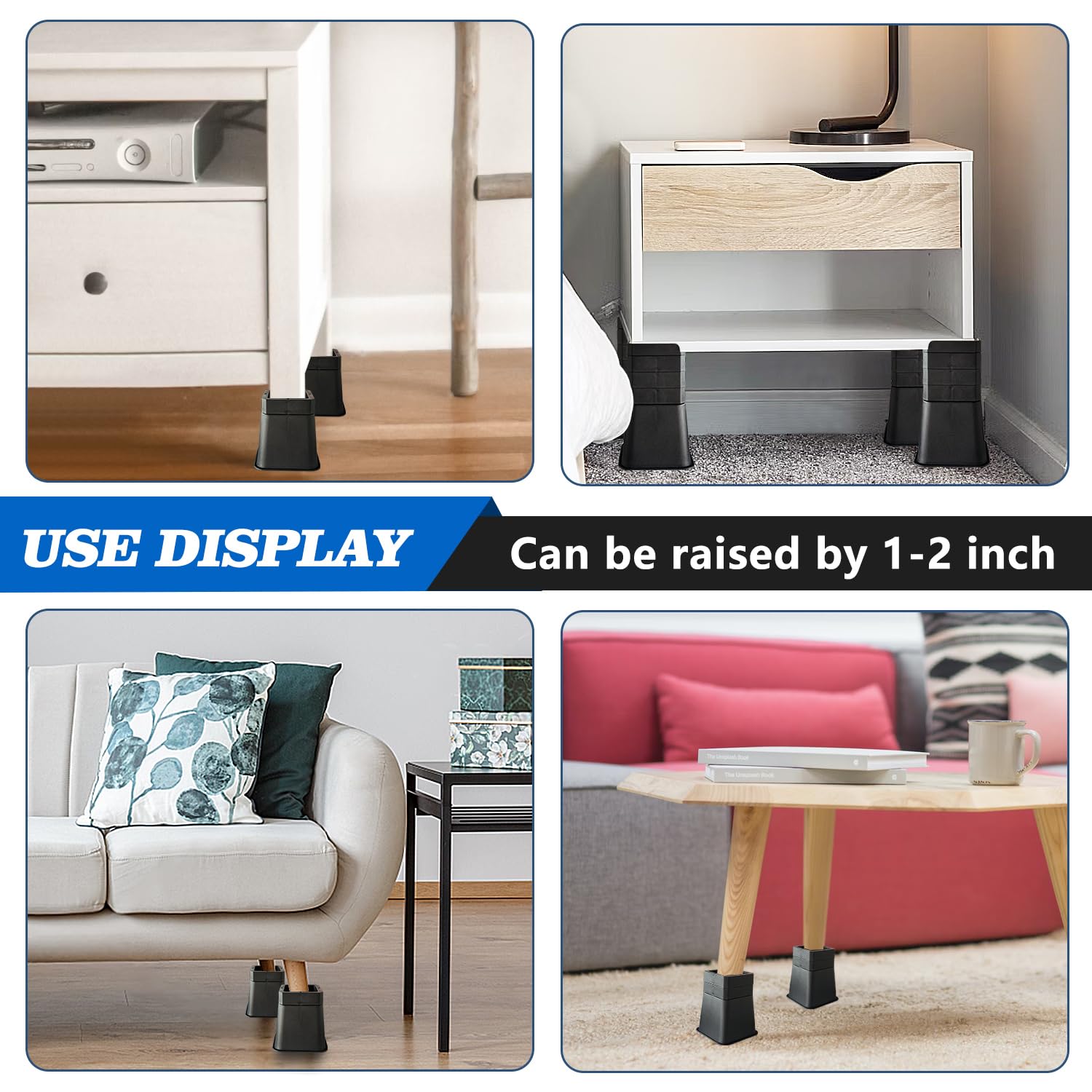 Heavy Duty Adjustable Bed Risers 3-7 Inch - L Shape Furniture Risers for Beds, Tables, Couches, Sofas, Desks & Cabinets (Black) - Perfect for Home, Office & Dorm Room Organization & Space Saving