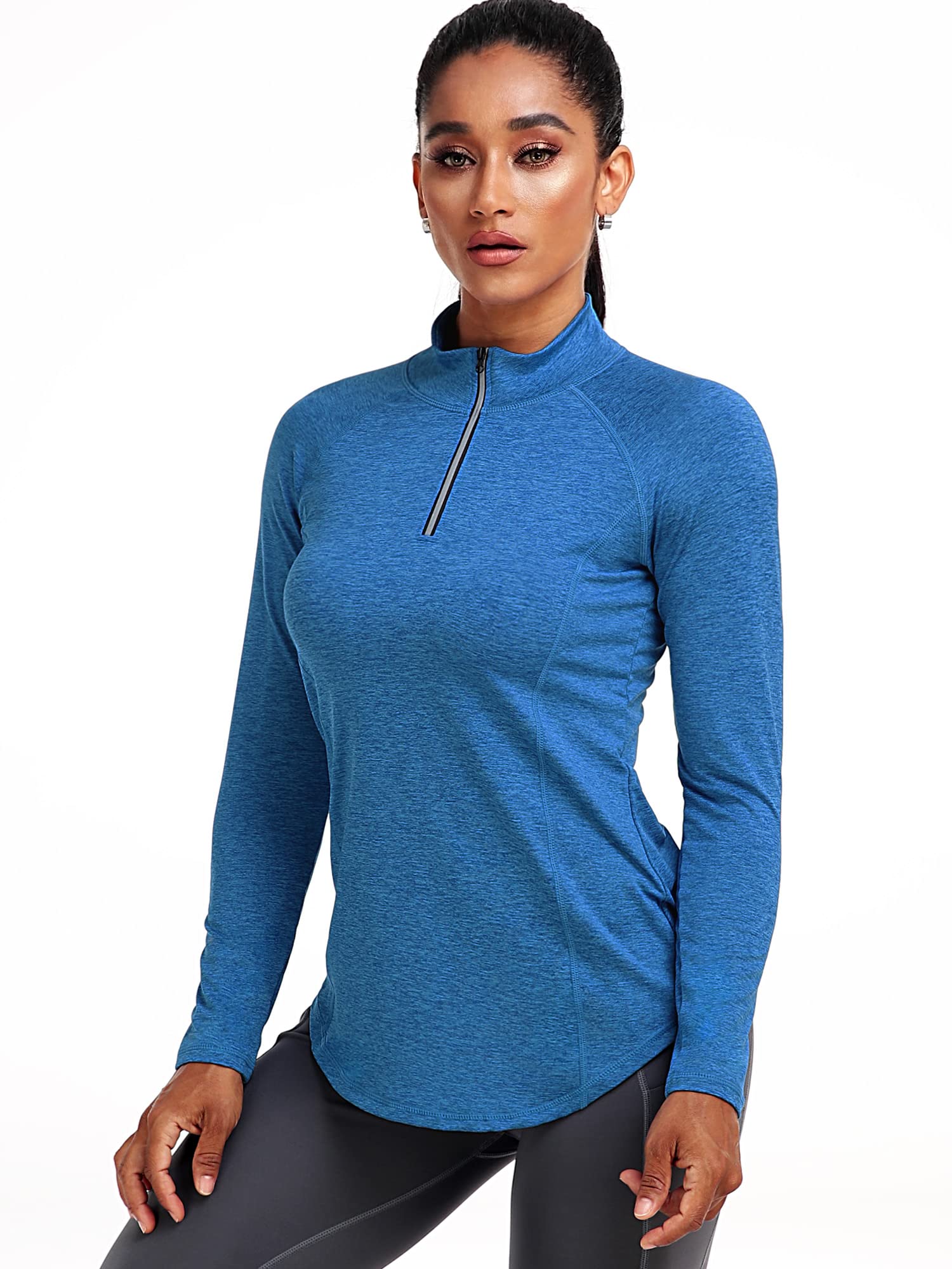 CADMUS Women's Workout Long Sleeve Shirts - 3 Pack Athletic Hiking Shirts (Black, Grey, Blue, Medium) - Moisture Wicking & Breathable for Gym, Yoga & Outdoor Activities