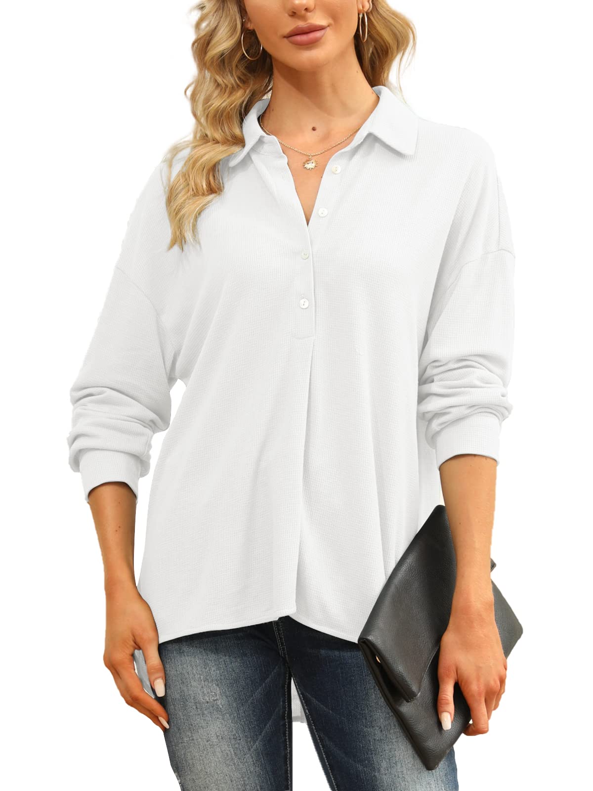 Jeanewpole1 Women's Long Sleeve Collared Button Down Shirt - Waffle Knit Blouse for Work, Office & Casual Outfits | Comfortable & Stylish Top for Everyday Wear