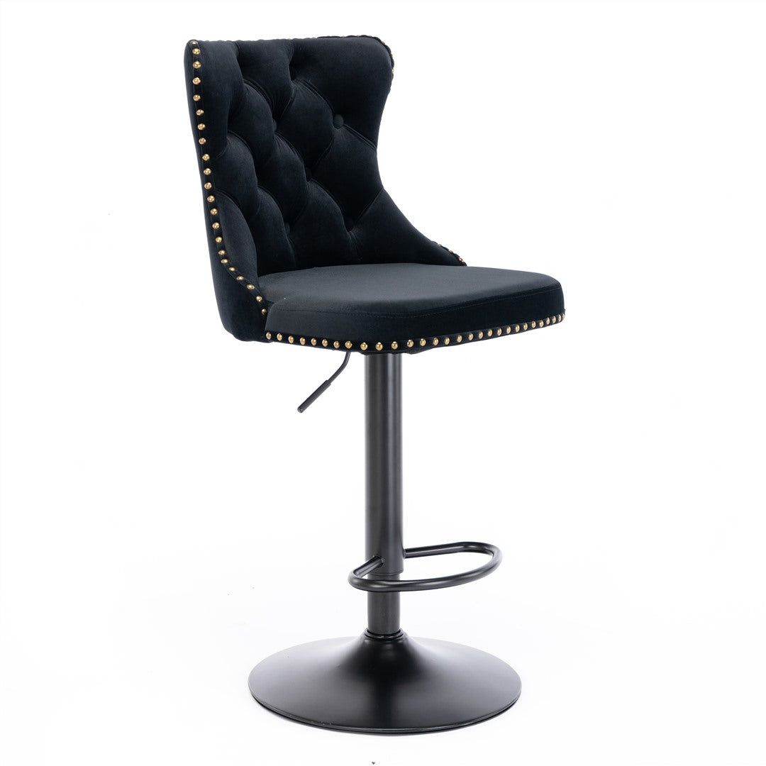 Adjustable Height Swivel Bar Stool with Velvet Upholstery & Nailhead Trim - Footrest Included - Perfect for Kitchen Islands, Home Bars & Dining Counter Seating