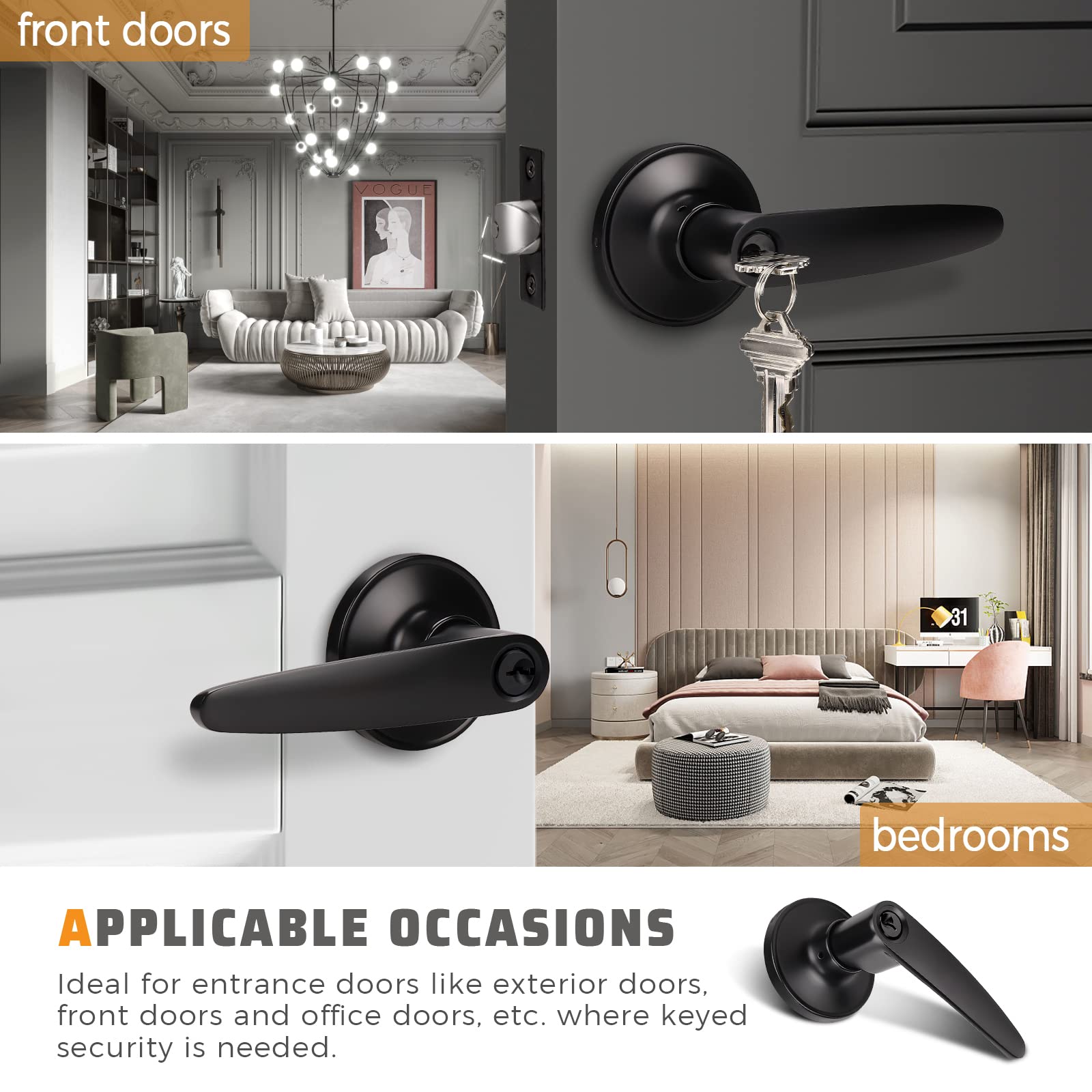 KNOBWELL 2 Pack Matte Black Exterior Door Handle Set - Keyed Alike Entry Lever Handles with One Keyway for Front Doors, Gates & Home Security - Durable & Stylish Hardware for Modern Homes