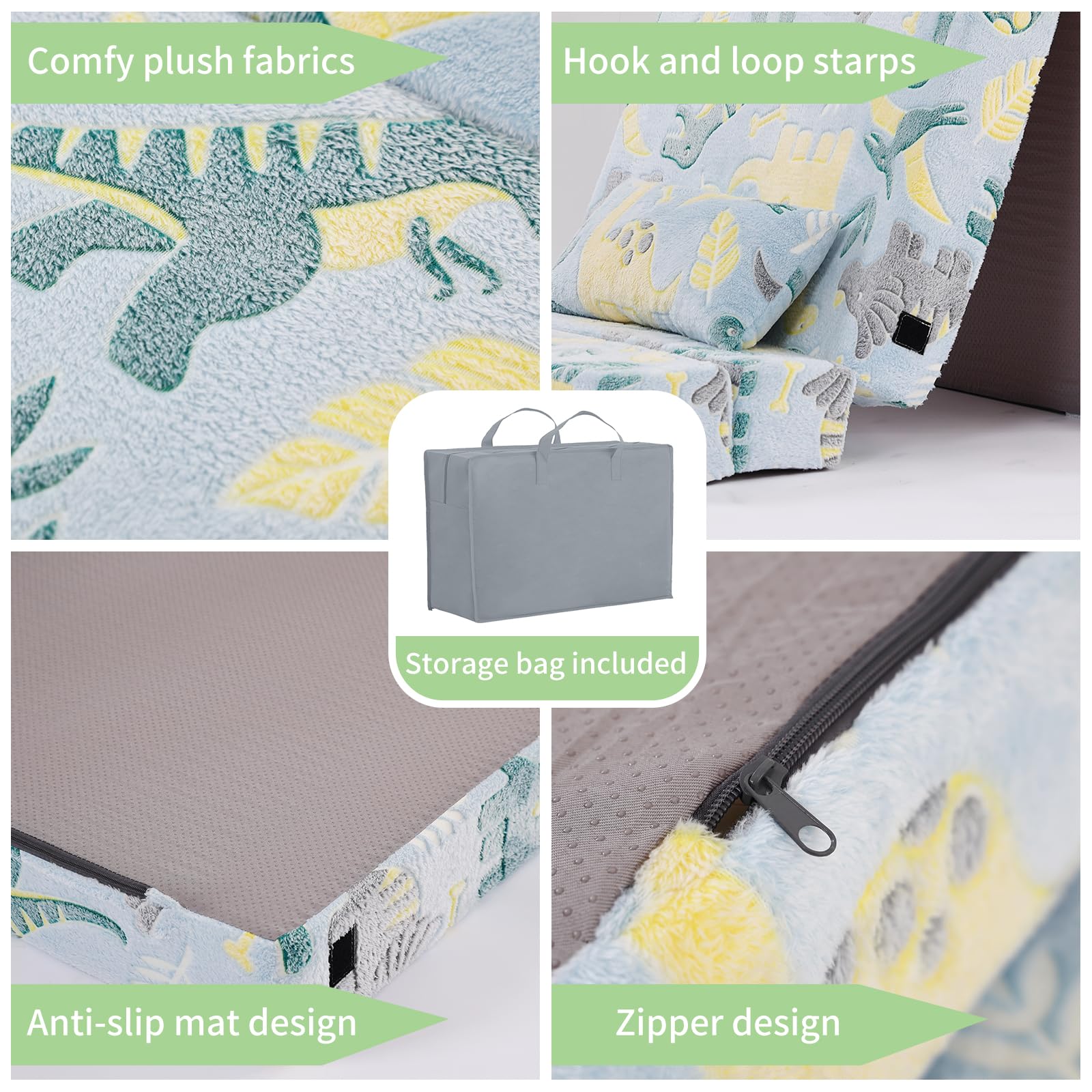 Tiita Kids Folding Sofa Bed - Convertible Toddler Floor Bed & Nap Mat with Storage Bag | Green Dinosaur Design | Perfect for Playrooms, Daycare & Sleepovers