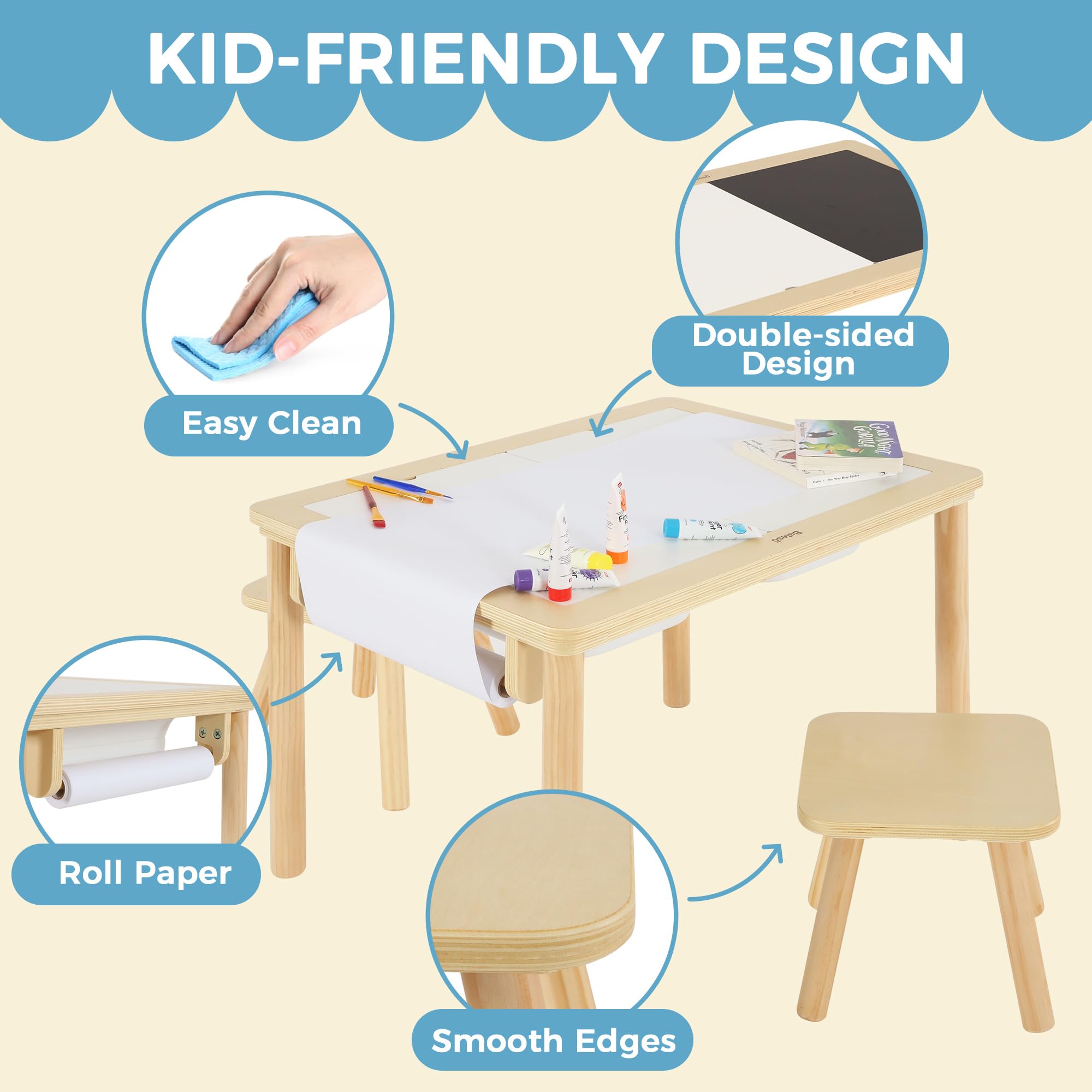 Premium Wooden Sensory Activity Table for Kids - Double-Sided Play Board with Sand & Water Play, Foldable Storage Bins, Includes 2 Chairs & Paper Roll - Perfect for Indoor & Outdoor Learning, Preschool Playtime & Backyard Fun