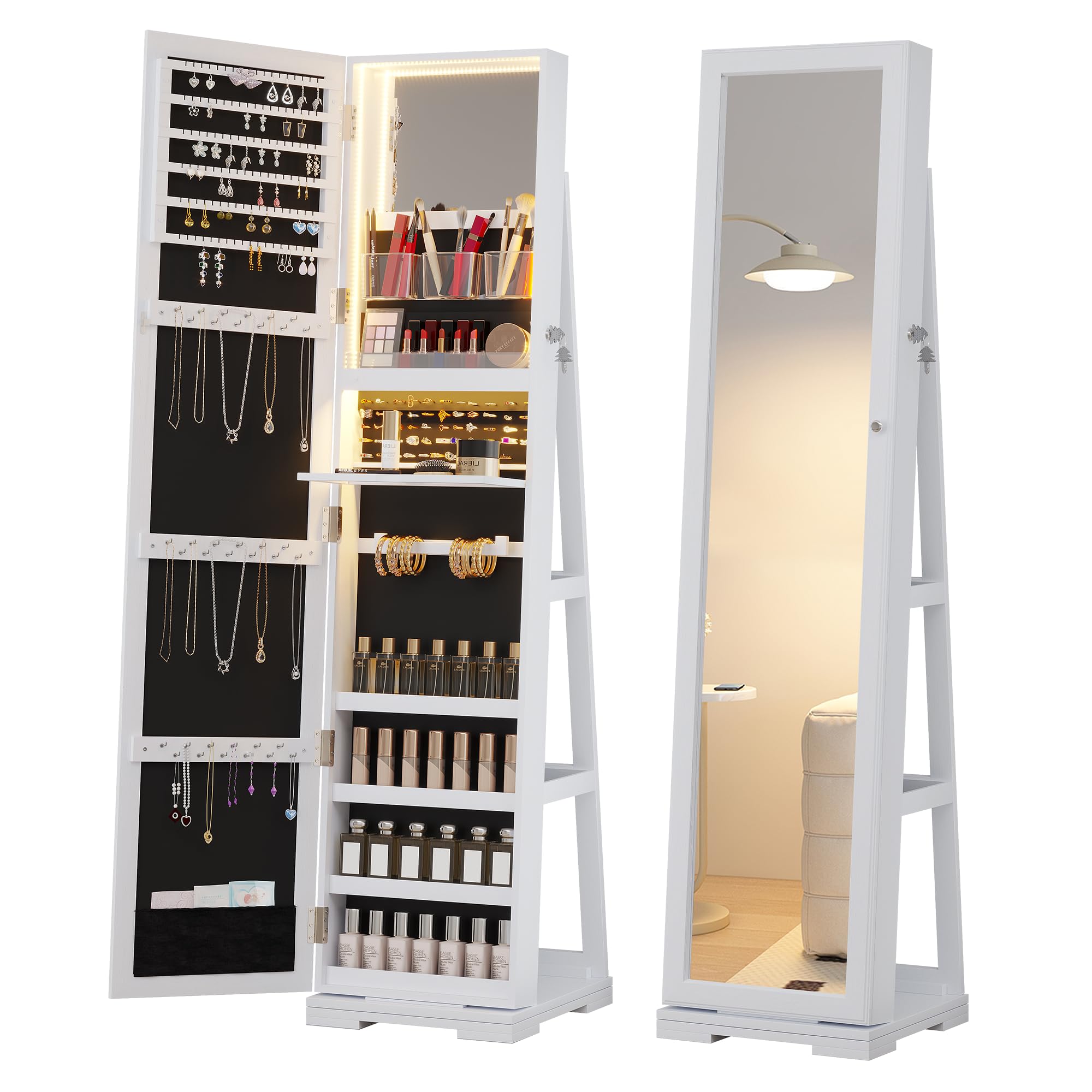 LED Jewelry Armoire with Full-Length Mirror & Lockable Storage - 3-Color Lighting, 360° Swivel Organizer Cabinet for Necklaces, Rings & Accessories - Perfect for Bedroom, Closet & Gift (Pure White) - Birthday, Christmas & Wedding Present Idea