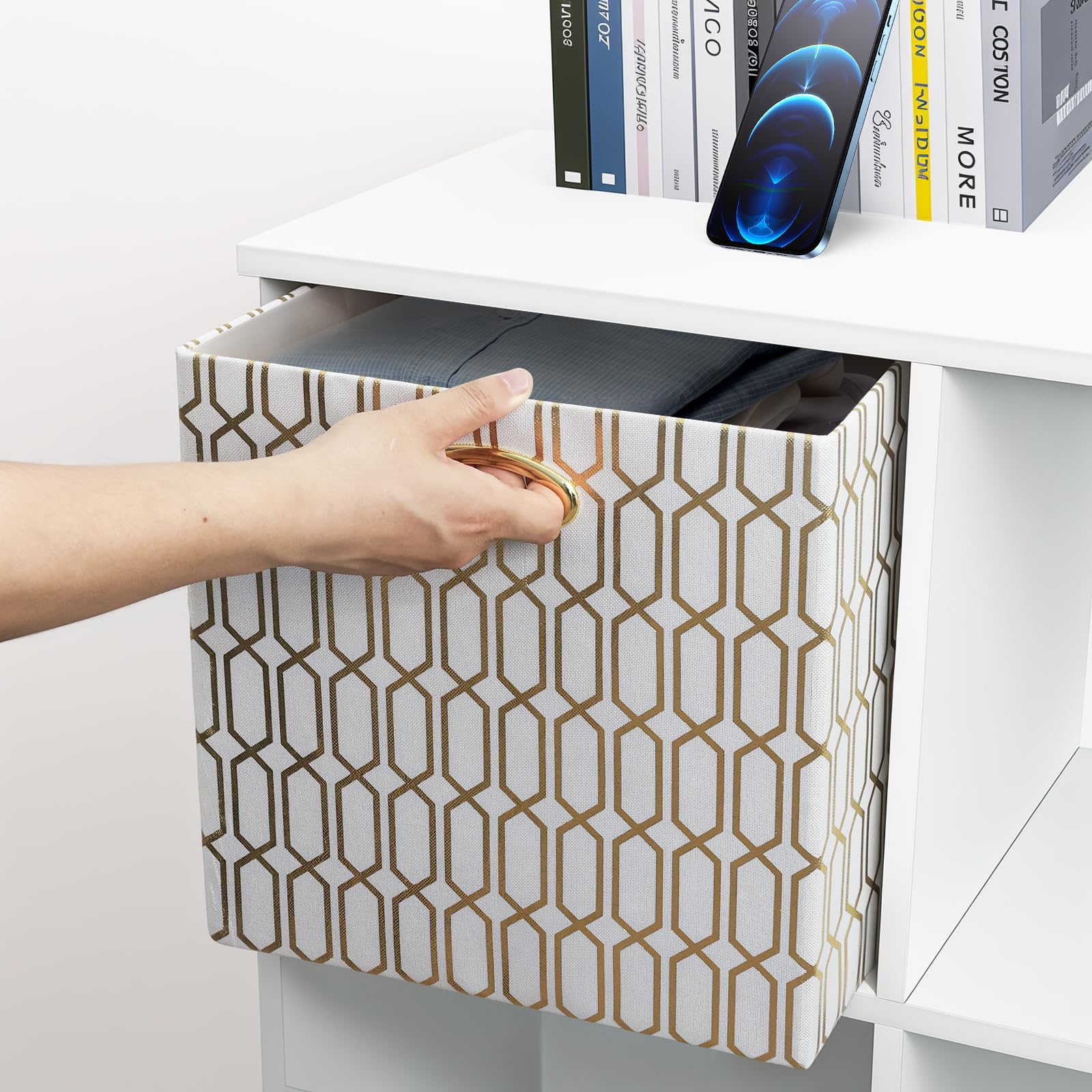 13x13x13 Collapsible Fabric Storage Cube Bins - 4 Pack Organizer Baskets for Shelves, Closet, Wardrobe, Bookshelf & Cabinet - White & Shiny Gold | Perfect for Home Organization, Kids Room & Office Storage