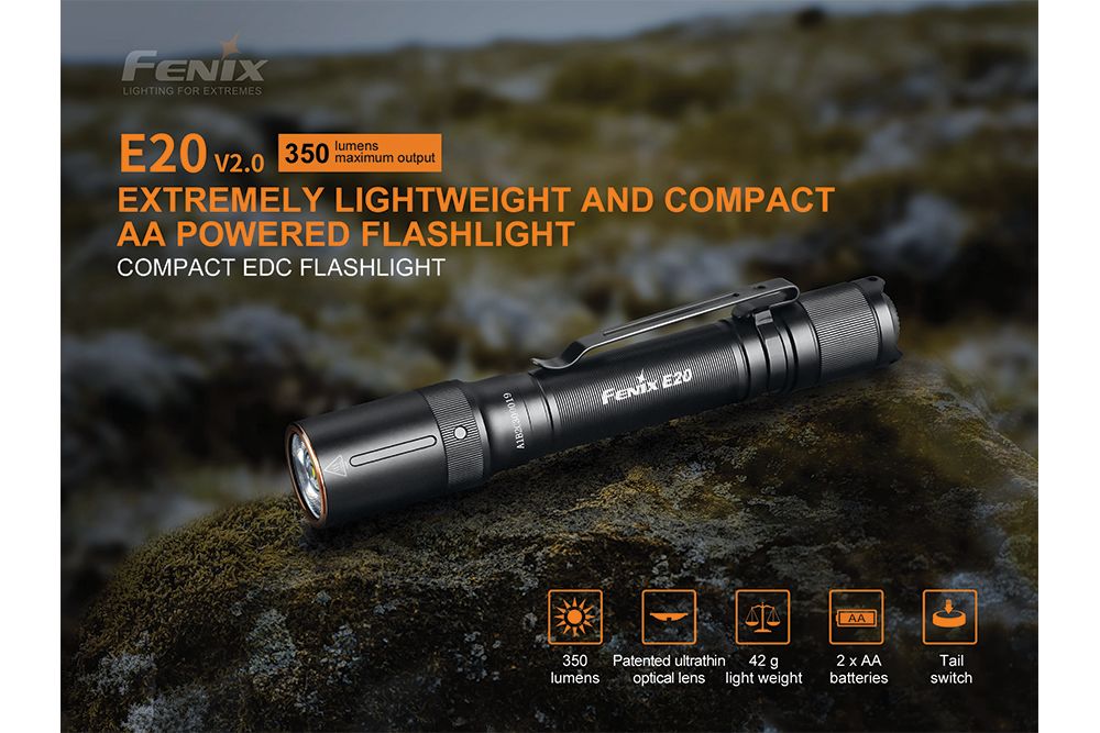 Fenix E20 V2.0 EDC Flashlight - 350 Lumens Ultra Bright LED Torch with 5 Lighting Modes | Compact & Waterproof for Camping, Hiking, Emergency & Everyday Carry