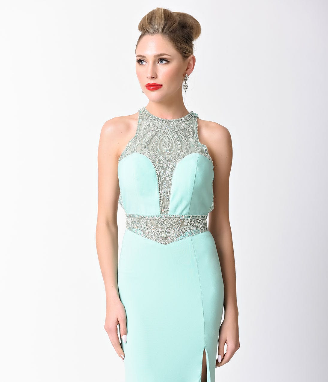 Elegant Mint Blue Fitted Jeweled Split Long Dress for Evening Gala, Prom Night & Special Occasions | Formal Party Gown with Rhinestone Details