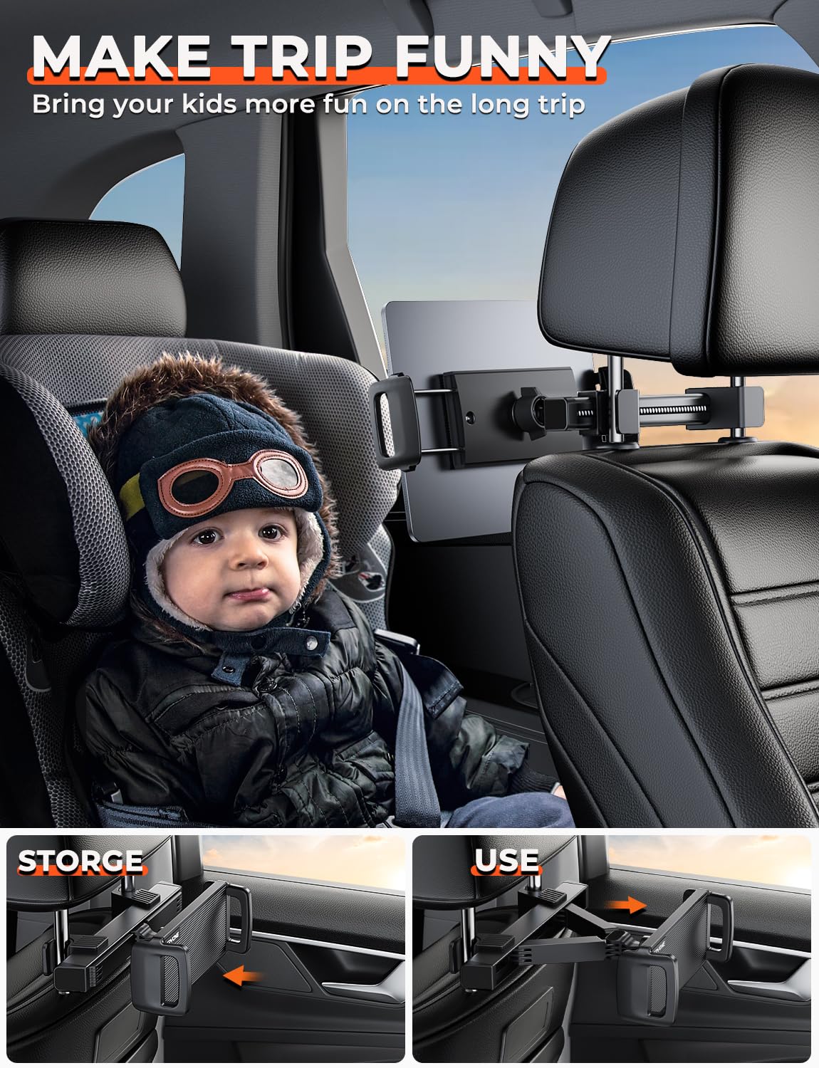TRYONE Car Tablet Holder - Heavy Duty Carbon Steel Headrest Mount for Back Seat, Compatible with iPad Pro/Air/Mini, Samsung Galaxy, Fire HD (4.7-12.9 Inch) - Perfect for Kids Travel, Road Trips & Long Drives