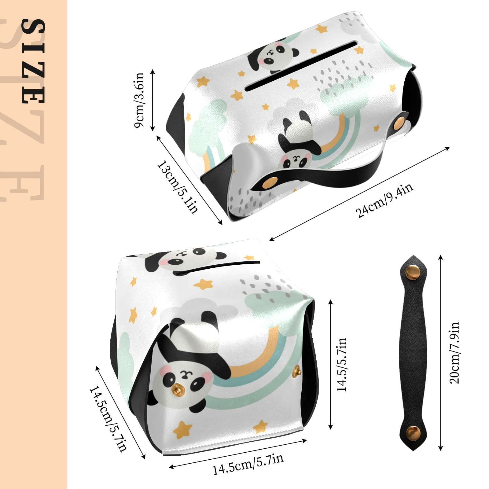 Seamless Panda Tissue Box Cover - Cute Flying Panda with Rainbow Clouds & Stars Design - Rectangle Leather Holder with Handle - Perfect for Bathroom, Home, Night Stand, Vanity, Office Desk & Car (9.4x5.1x3.6 inches) - Great for Home Decor & Gift Giving
