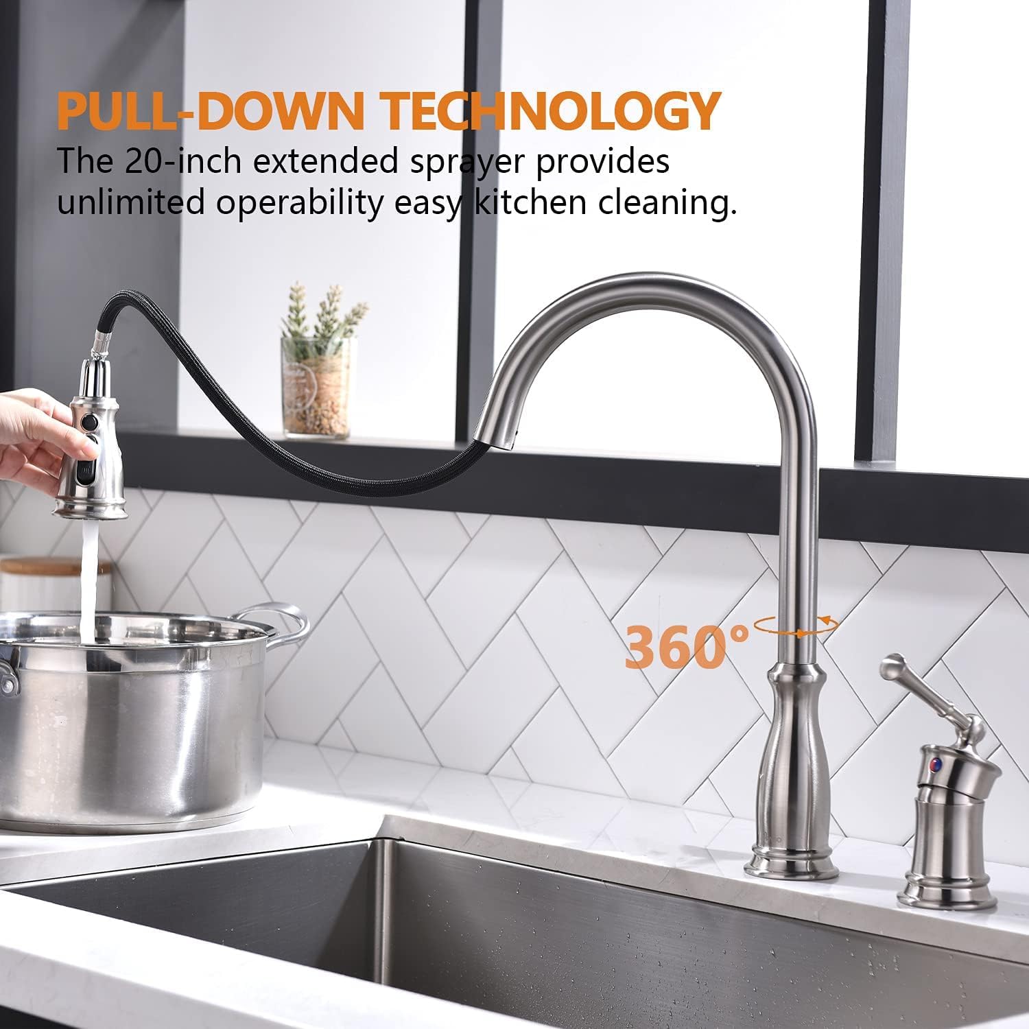 APPASO Brushed Nickel 3-Hole Kitchen Faucet with Pull Down Sprayer - High Arc Stainless Steel Sink Faucet with Soap Dispenser & Separate Handle - Perfect for Modern Kitchens & Restaurant Prep Stations