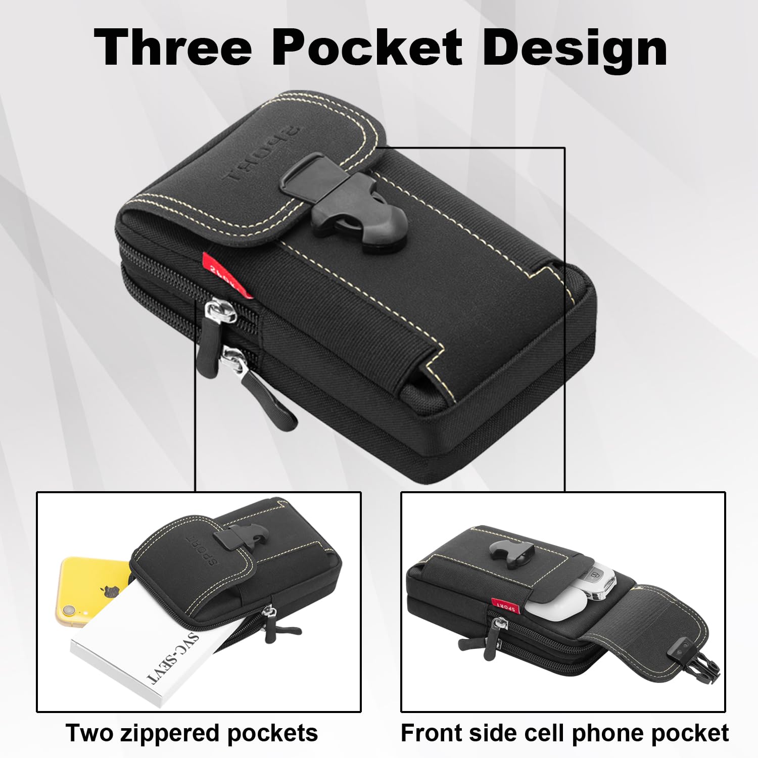 Tactical Cell Phone Holster for Men - Dual Phone Pouch Belt Bag with Belt Loop, Durable Black Phone Holder for Outdoor, Work, and Travel