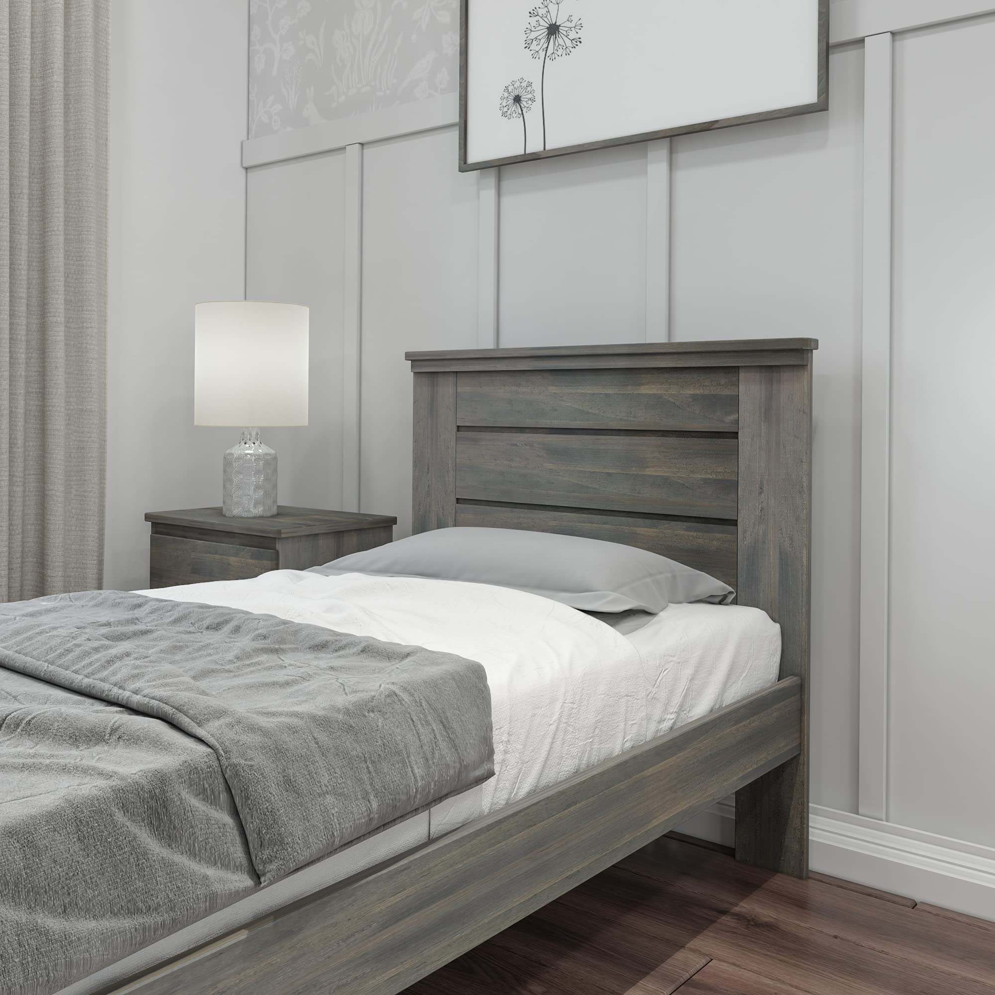 Max & Lily Modern Farmhouse Twin Bed Frame with Headboard - Solid Wood Panel Design in Driftwood Finish - Perfect for Kids' Bedroom, Guest Room & Nursery Decor