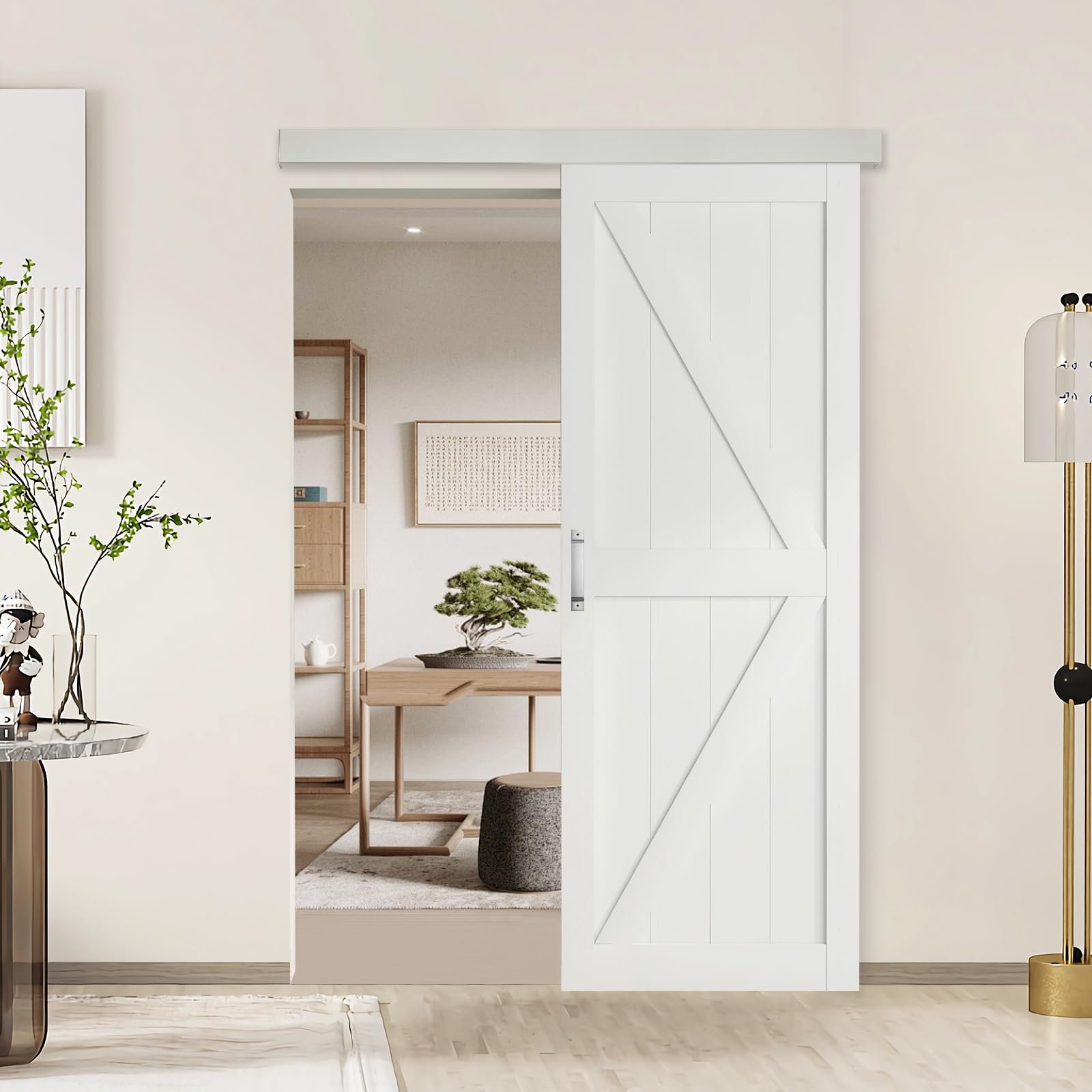 BARNSMITH 30x84 Inch White Sliding Barn Door with 5FT Hardware Kit - Solid Wood Waterproof PVC Surface, Silver Box Rail - Easy Assembly for Bedroom, Closet, or Farmhouse Style Home