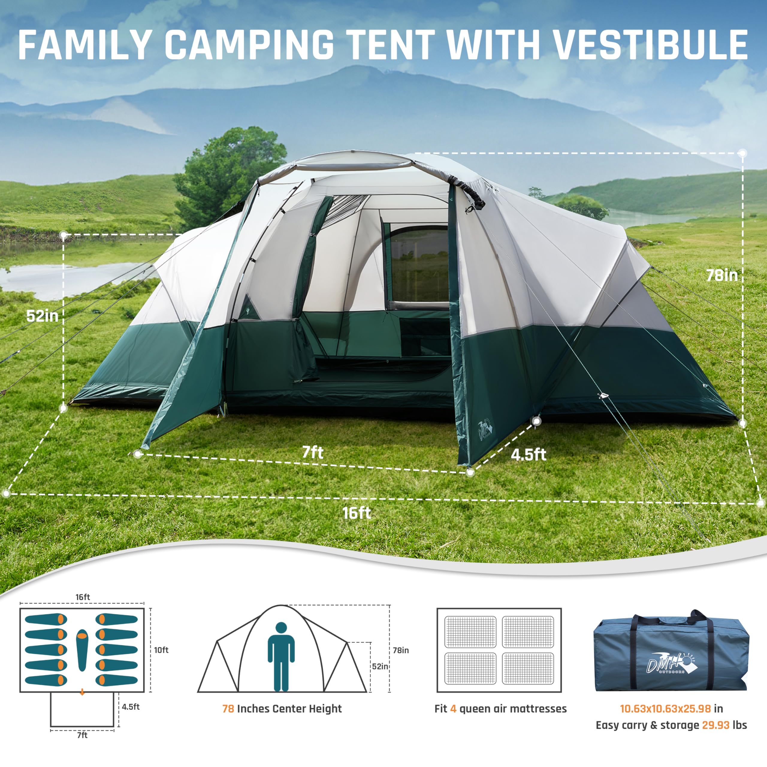 8/10/11 Person Family Camping Tent with Porch & Rainfly - Spacious Waterproof Dome Tent for Outdoor Adventures | Includes Windproof Ropes & Large Vestibule | Perfect for Family Camping Trips, Backpacking & Music Festivals