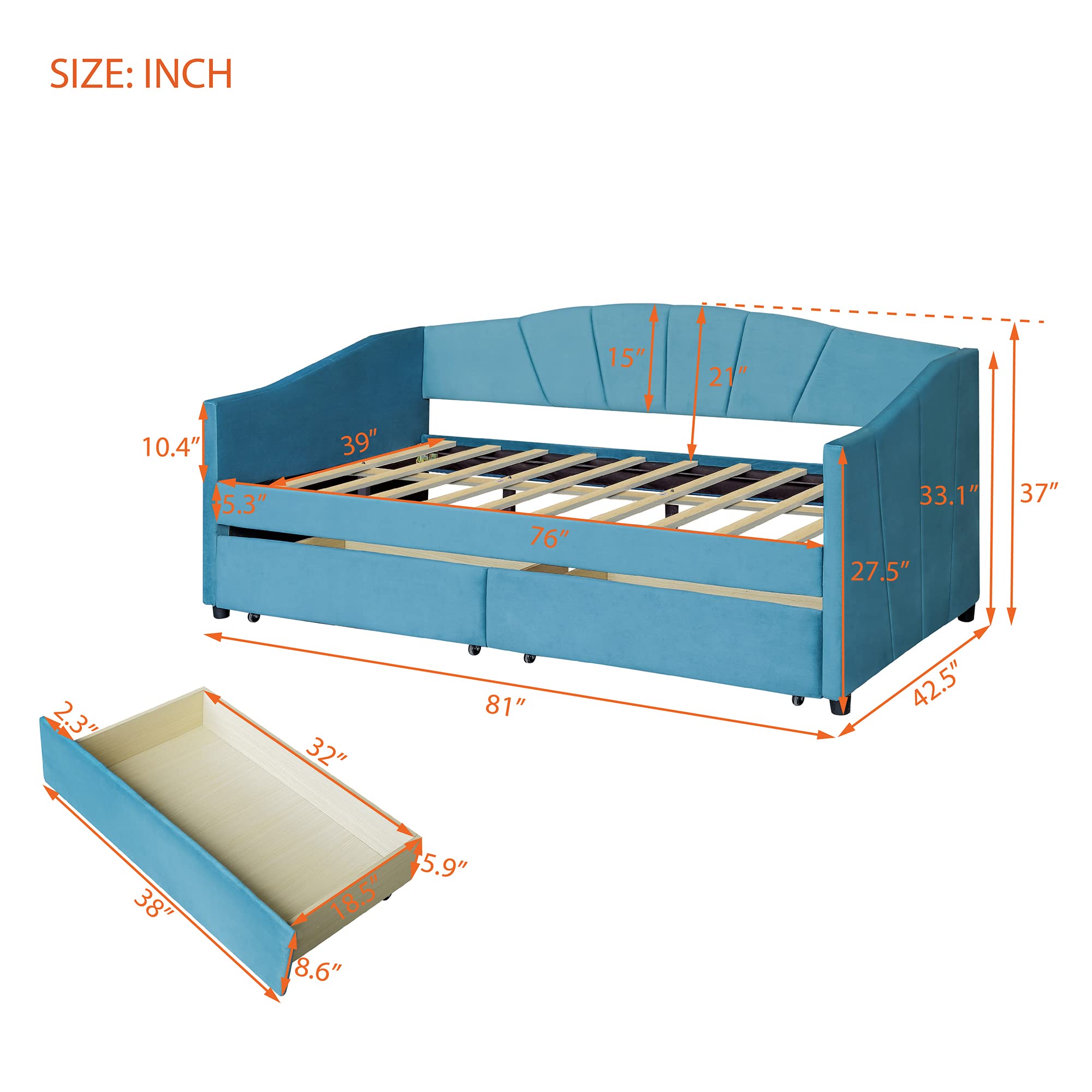 Merax Twin Size Upholstered Daybed with 2 Drawers & Wood Slat Support - Blue Fabric Sofa Bed Frame for Small Spaces, Guest Room & Dormitory