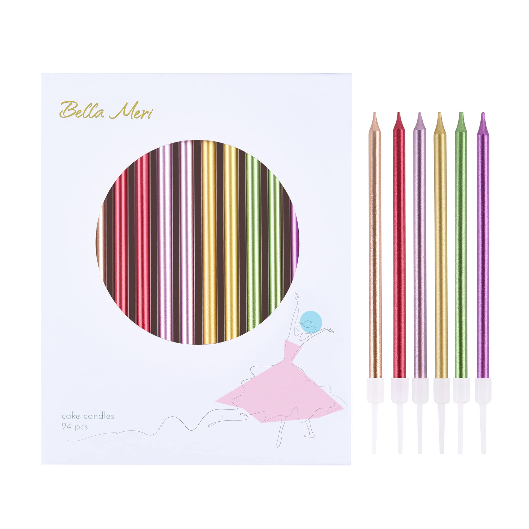Bella Meri Colorful Long Thin Metallic Birthday Candles - Elegant Cake Candles for Birthday Parties, Wedding Decorations & Special Events - Perfect for Cakes, Cupcakes and Celebration Centerpieces
