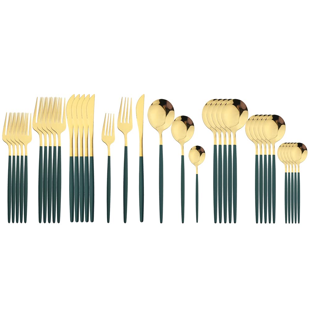 36-Piece Stainless Steel Silverware Flatware Set - Knife, Fork, Spoon, Teaspoon & Dessert Utensils - Elegant Green Gold Cutlery for Dinner Parties, Restaurants & Home Kitchen Use