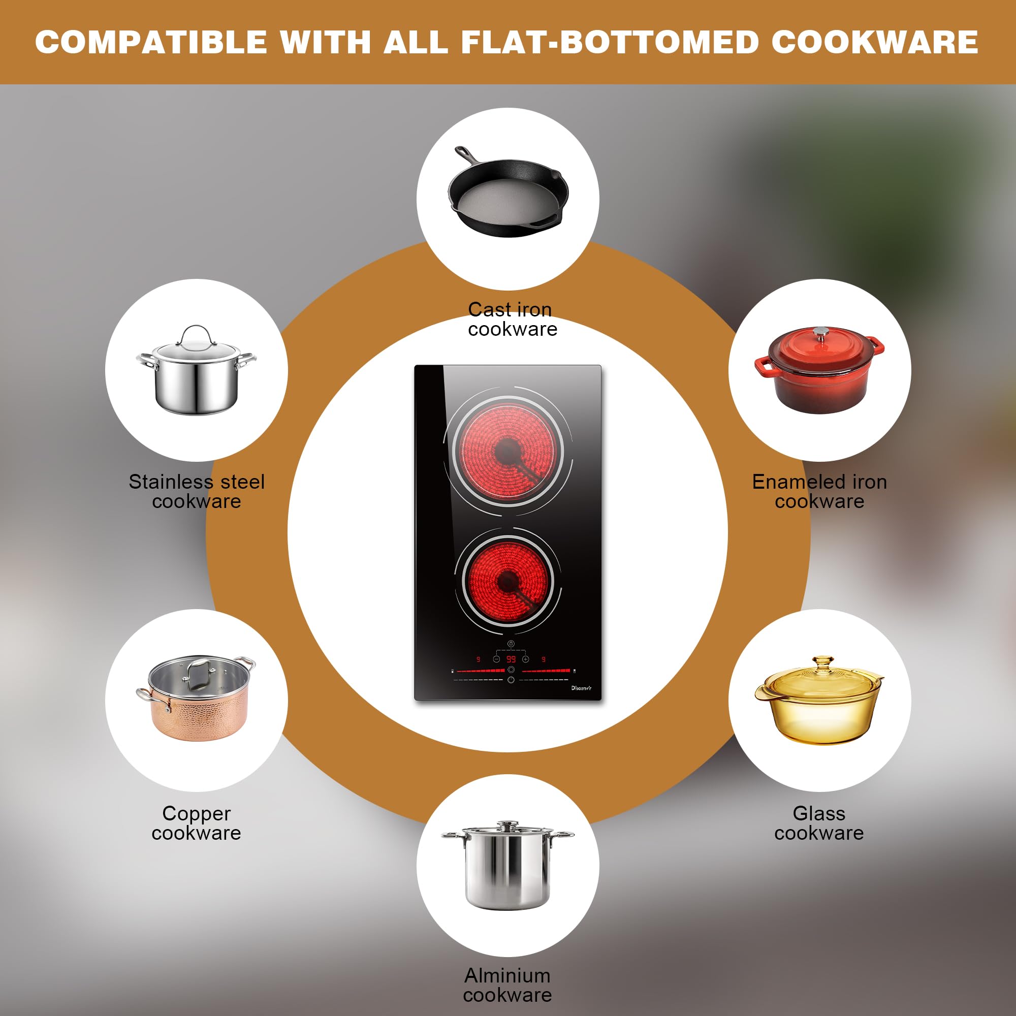2 Burner Electric Cooktop - 12 Inch Built-in Ceramic Stove Top 3200W High Power with Child Safety Lock, 99-Minute Timer & Slide Touch Control, 220V-240V Hardwired (No Plug) - Perfect for Home Kitchen, RV, Apartment & Small Space Cooking