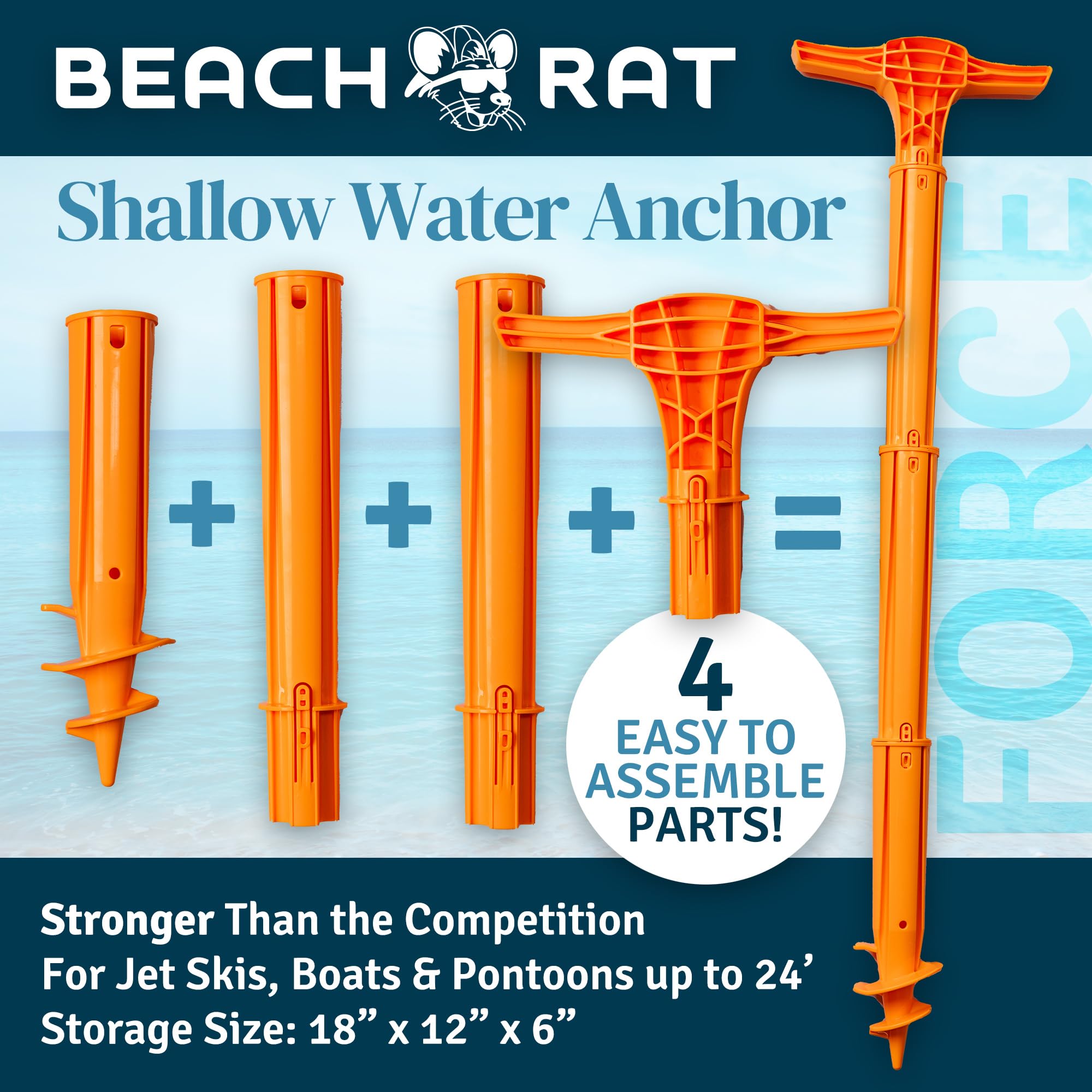 Beach Rat Force Anchor & Storage Bag - 4ft Heavy Duty Jet Ski, Boat & Kayak Anchor for Shallow Water & Sandbars - Compact High Strength Plastic Pole Marine Accessory - Sand Bar Anchor Kit with Carrying Case - Perfect for Jet Skiing, Boating & Kayaking Adventures