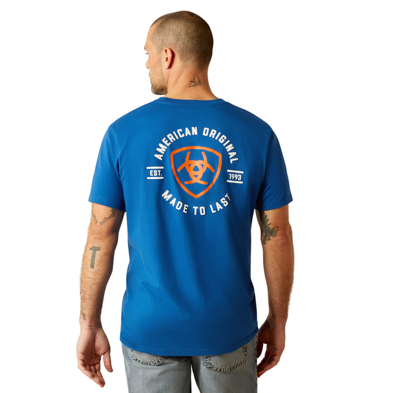 Ariat Men's Royal Blue T-Shirt with Orange Logo - Comfortable Casual Tee for Outdoor Activities, Work & Everyday Wear