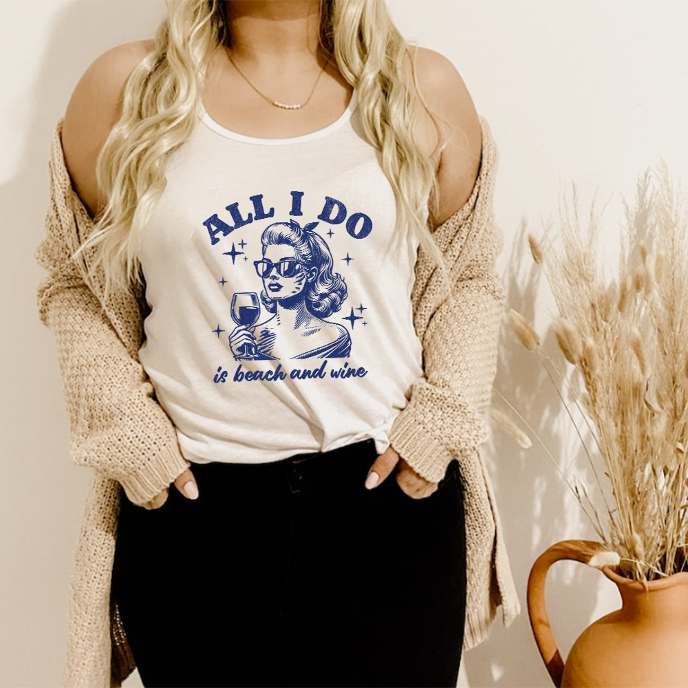 Vintage Beach & Wine Graphic Women's Tank Top - Casual Summer Sleeveless Shirt for Vacation, Pool Party & Wine Tasting