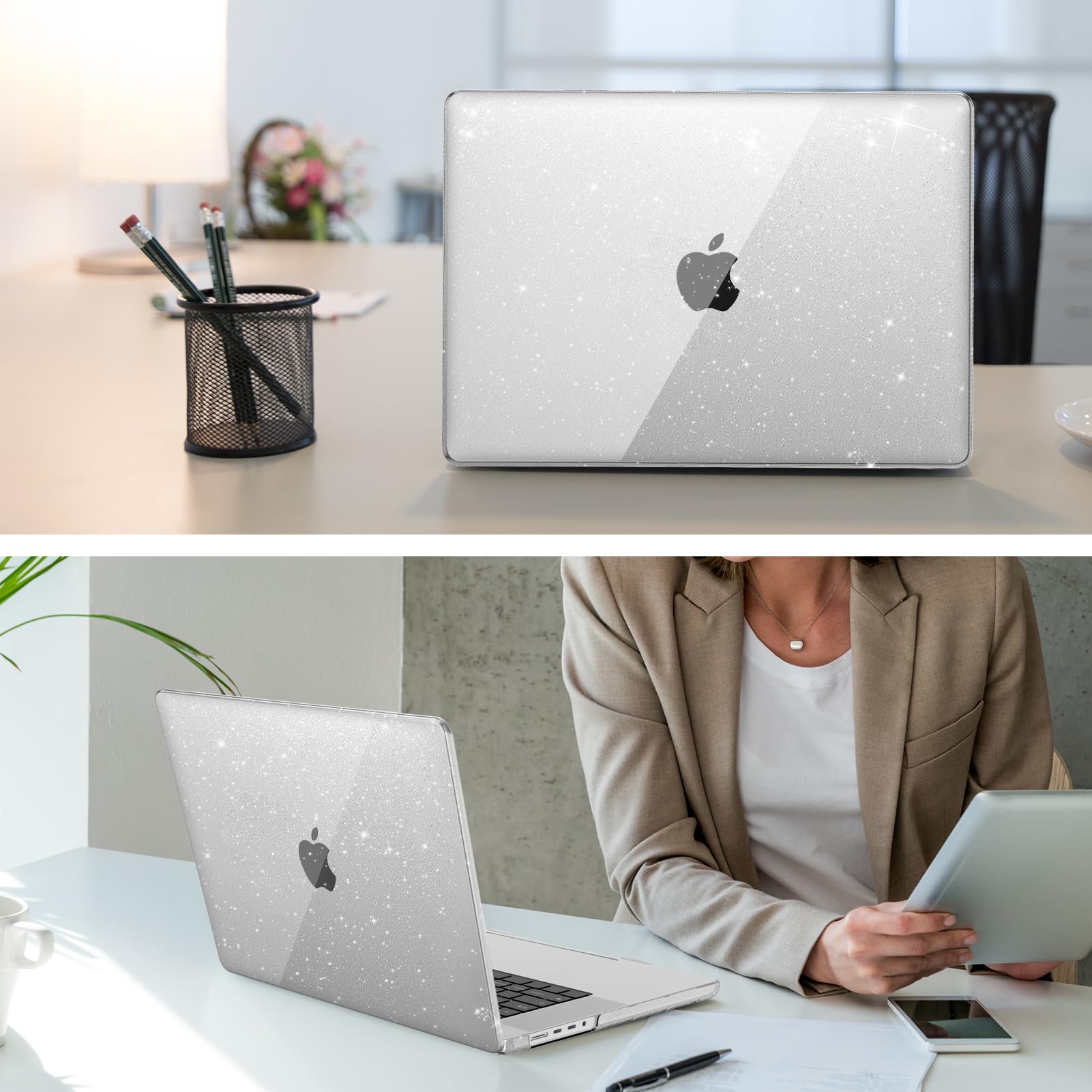 Fintie Protective Hard Shell Case for MacBook Pro 16 Inch (2021-2024 Models A2485/A2780/A2991/A3186/A3403) - Snap On Cover Compatible with M1/M2/M3/M4 Pro/Max Chip - Glittering Clear - Perfect for Work, Travel & School