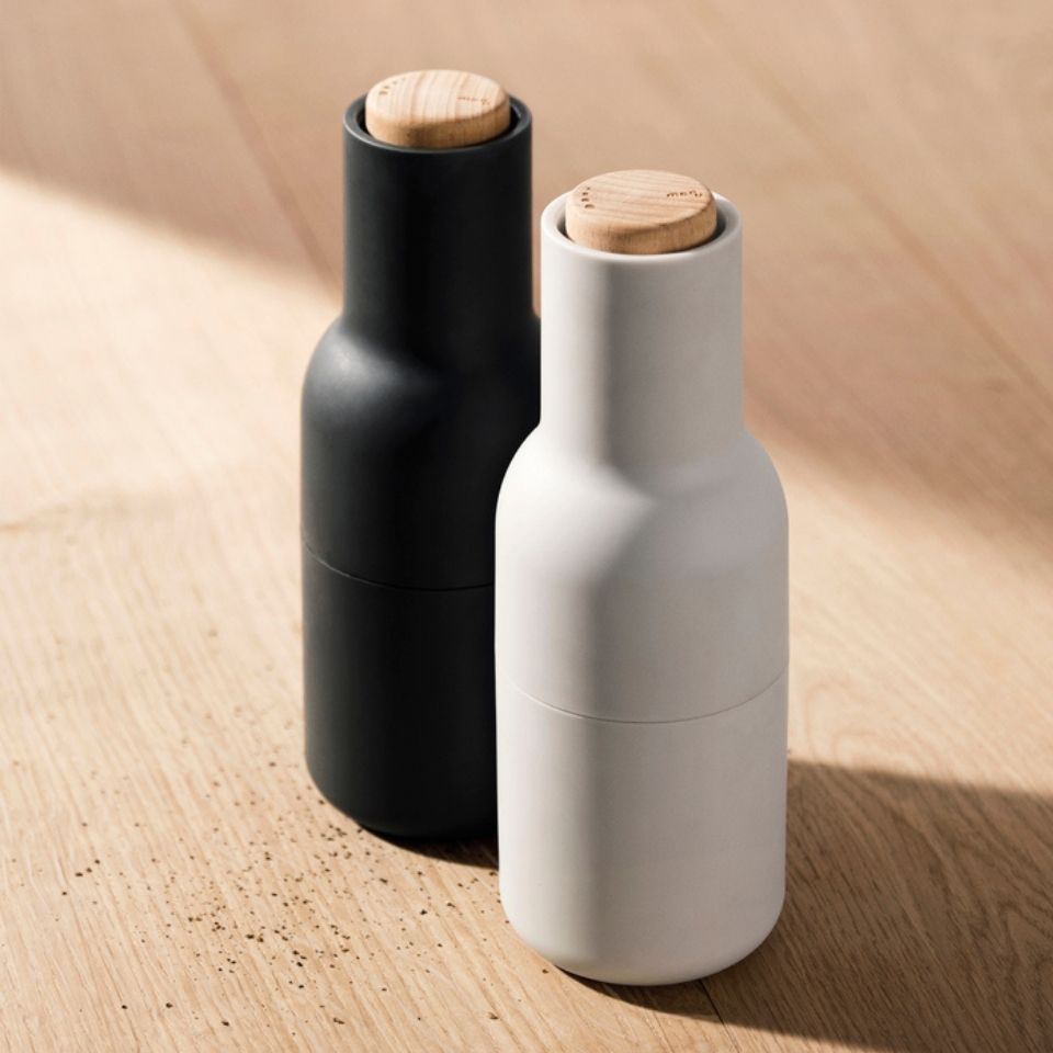 Premium Ceramic Salt and Pepper Grinder Set - AUDO CPH Ash/Carbon with Beech Wood Lid - Adjustable Coarseness for Gourmet Cooking, Dining Table & Kitchen Essentials