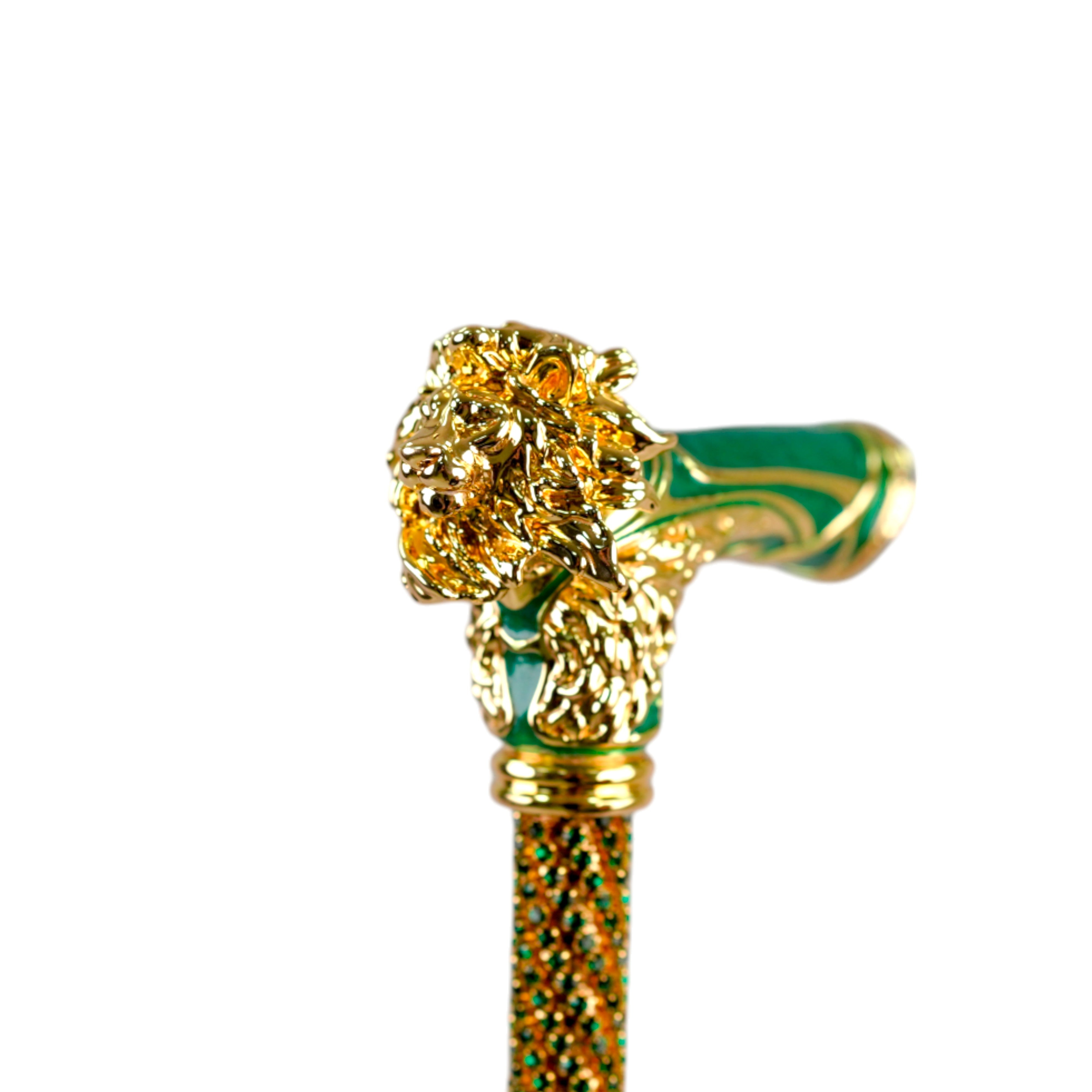 Majestic Gold Lion Handle Walking Cane - Elegant Green Enamel Finish for Men & Women - Premium Mobility Aid for Hiking, Fashion Accessory, and Elderly Support