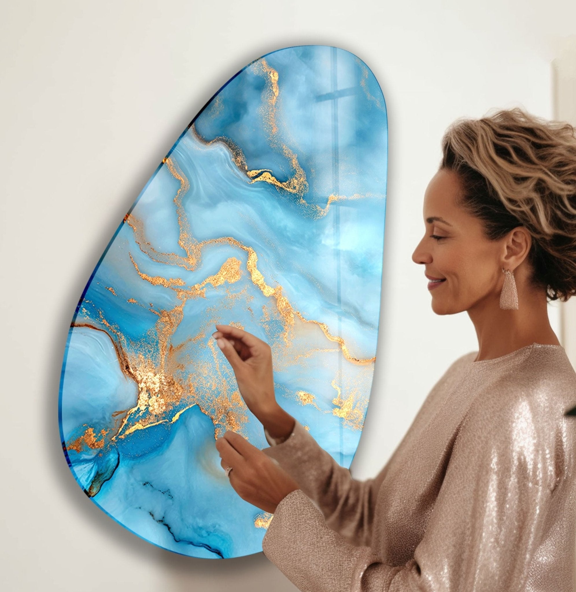 Abstract Golden Glass Wall Art - Handmade Asymmetrical Oval Design for Modern Living Room & Bedroom Decor