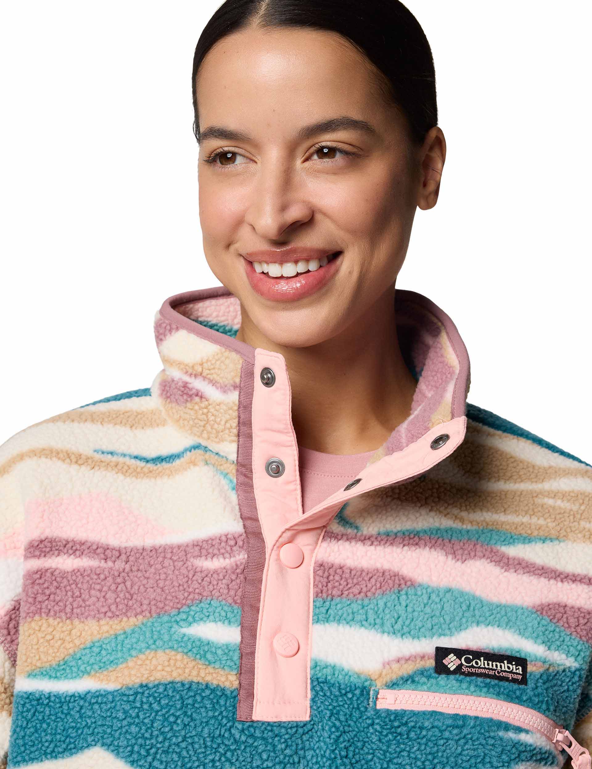 Helvetia II Cropped Sherpa Fleece Jacket - Half Snap Front, Printed Design in River Blue - Cozy Winter Outerwear for Women | Perfect for Hiking, Camping & Casual Outfits