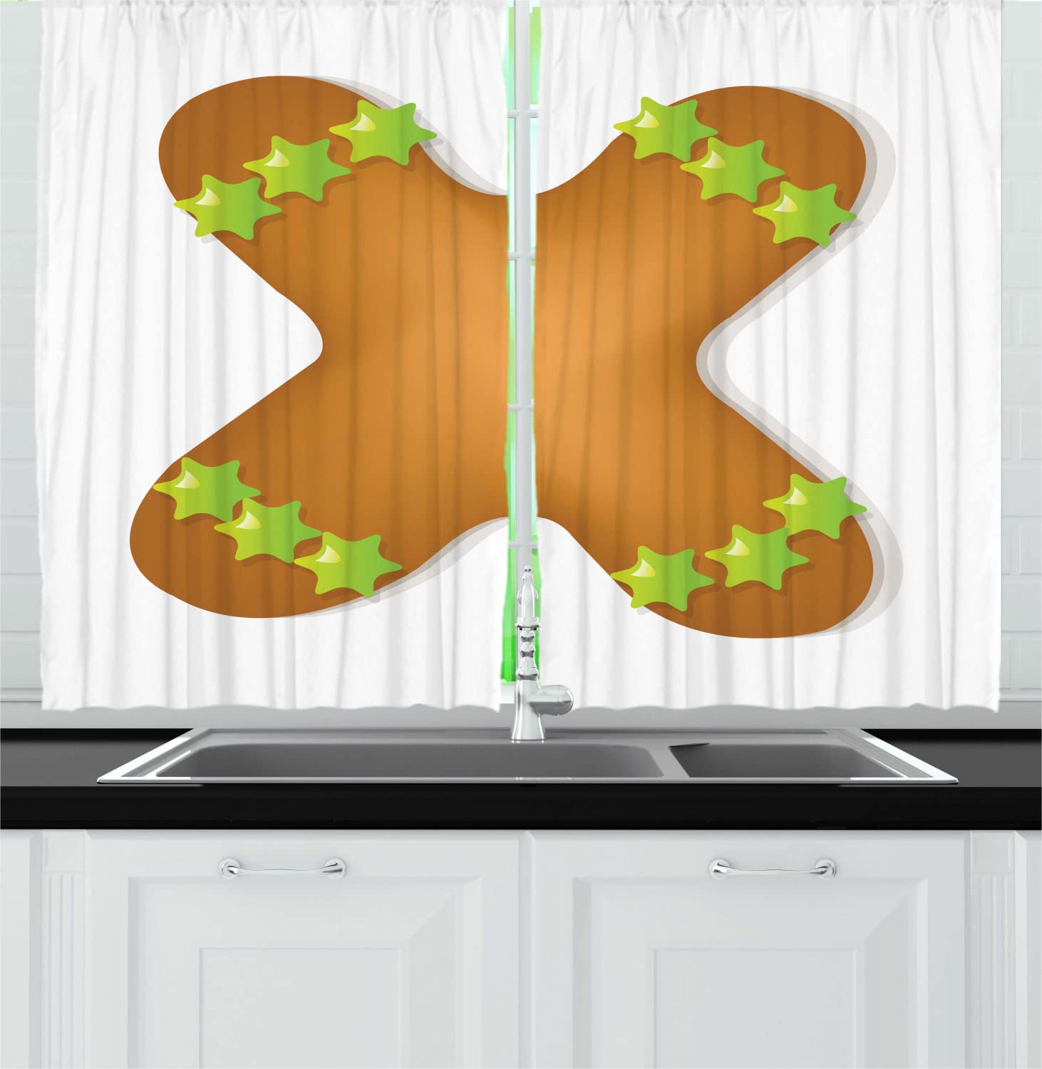 Ambesonne Christmas Alphabet Kitchen Curtains - Noel Merry Cookie Letter X with Stars, 2 Panel Rod Pocket Drapes, 55