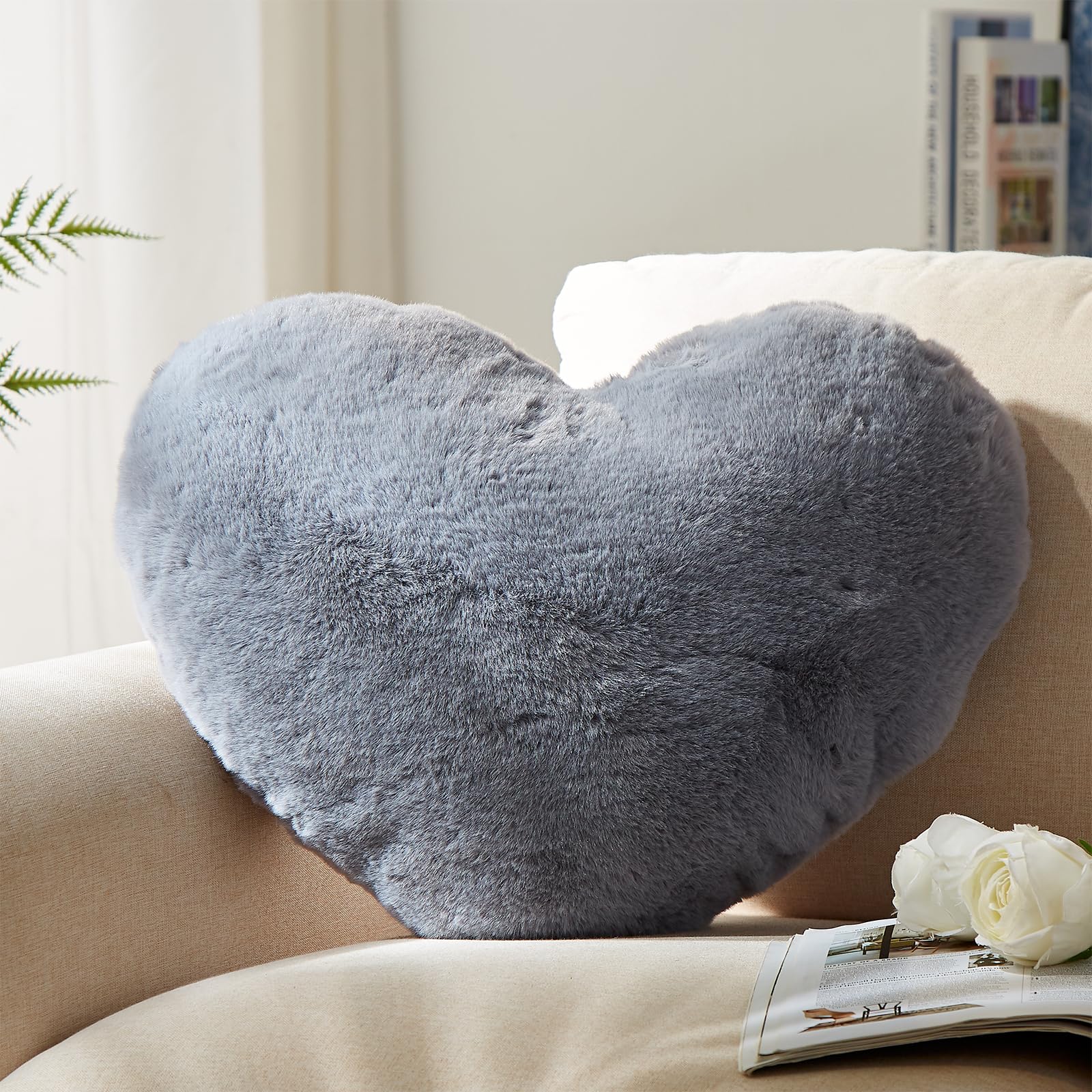 YRXRUS 14x17 Inch Large Grey Heart Shaped Pillow - Soft Faux Rabbit Fur Love Pillow Gift for Valentine's Day, Anniversary & Romantic Decor - Coquette Room Decor Throw Pillow for Living Room, Bedroom, Indoor & Outdoor Use