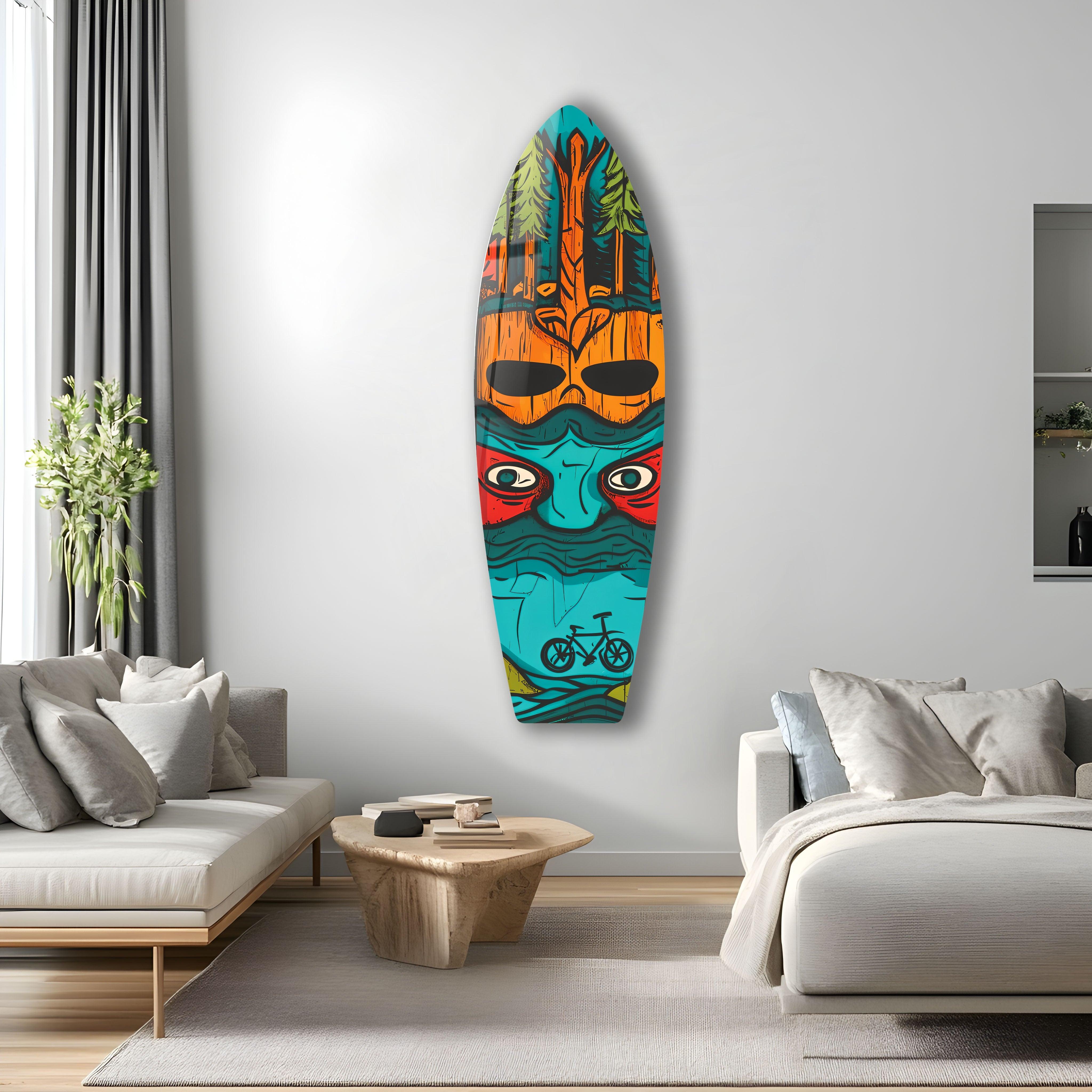 Blue Tree Man Surfboard Wall Art - Coastal Decor for Beach House, Surf Shop & Ocean-Themed Rooms - Handmade Wooden Surfboard Artwork