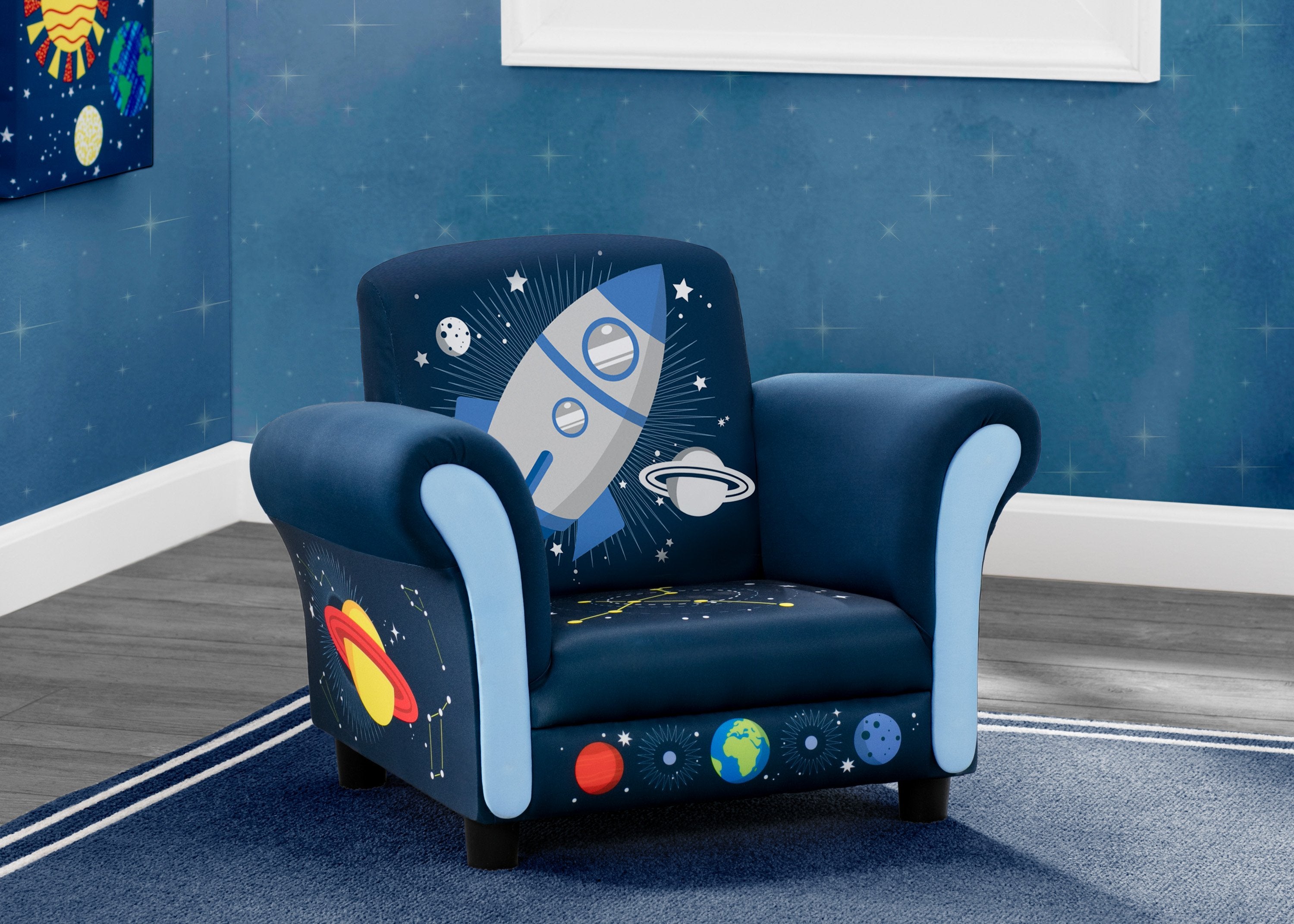 Space Adventures Kids Upholstered Chair - Comfy & Durable Children's Reading Chair for Bedroom, Playroom & Classroom - NASA Themed Space Decor for Boys & Girls