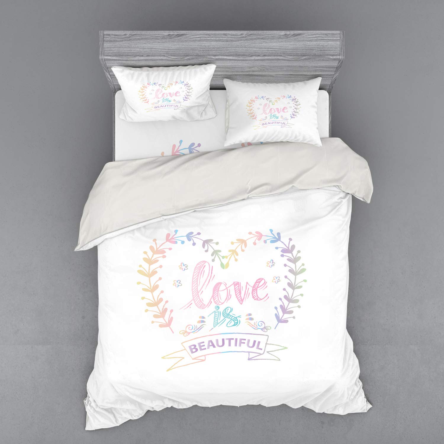 Ambesonne Romantic 4-Piece Duvet Cover Set - Pastel Heart-Shaped Branches Design, Queen Size Bedding with Shams & Fitted Sheet | Spring-Themed Multicolor Decor for Master Bedroom & Guest Room