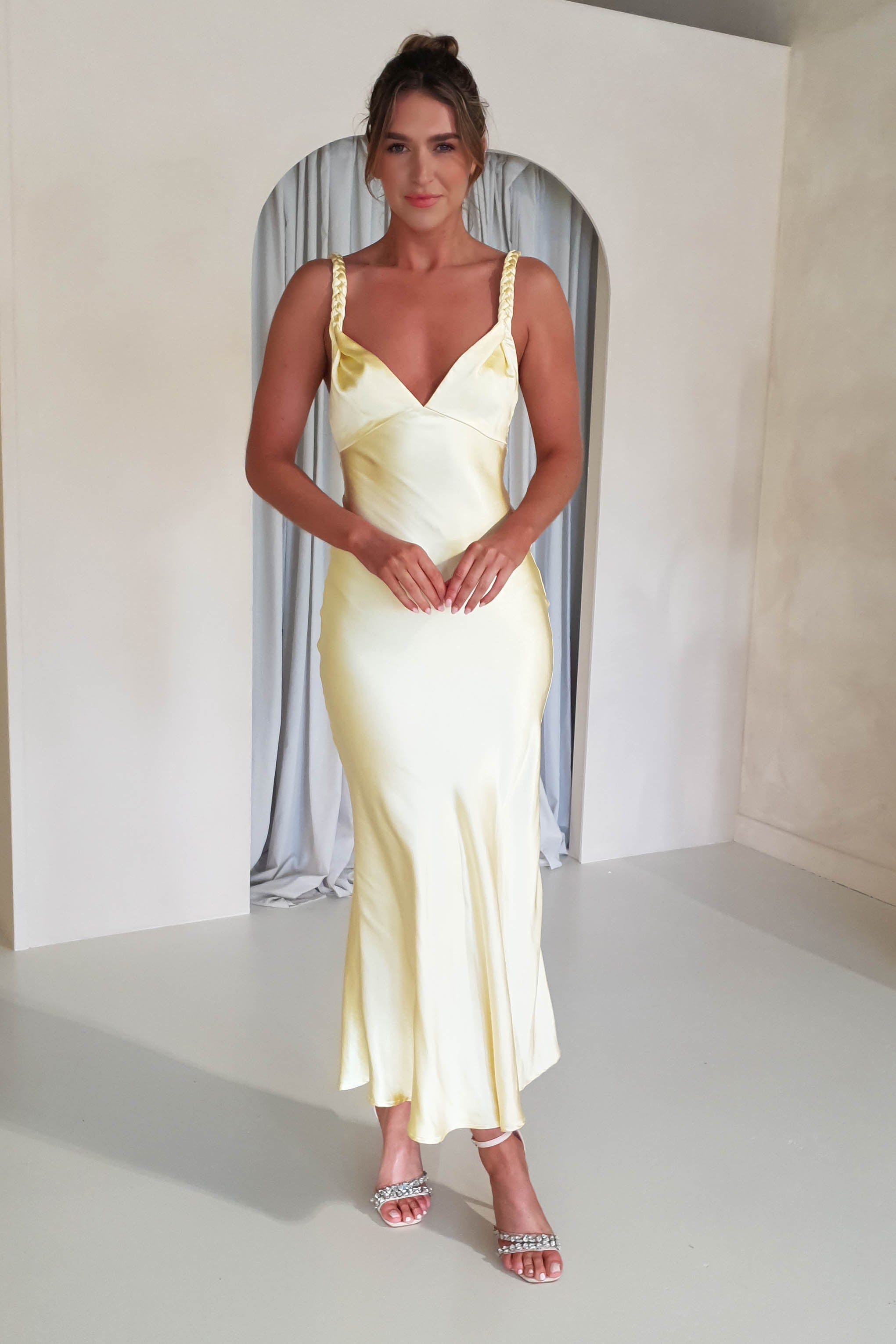 Bethanie Soft Satin Maxi Dress for Women - Flowy Long Summer Dress in Yellow | Perfect for Beach Vacations, Date Nights & Special Occasions